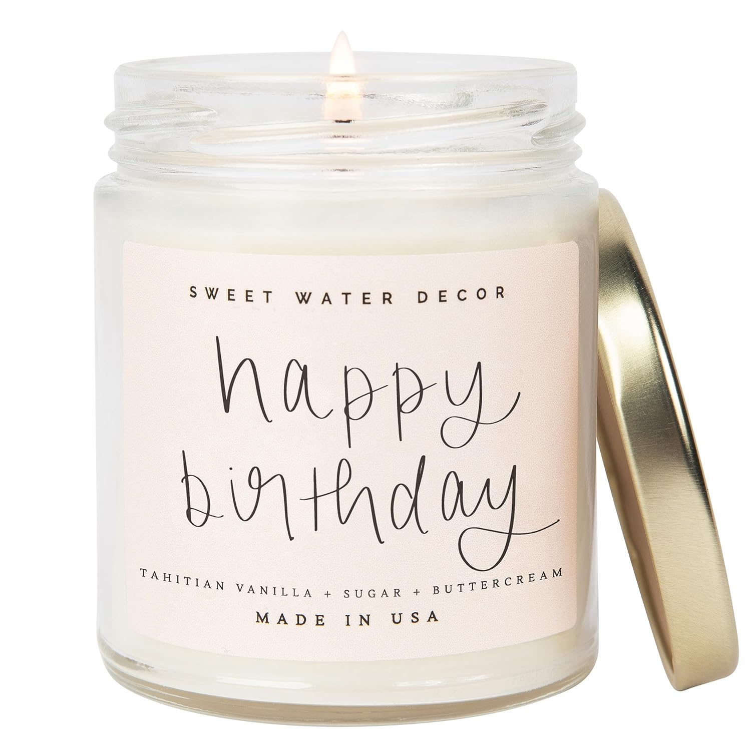 Sweet Water Decor, Happy Birthday, Vanilla, Sugar, and Buttercream, Sweet Scented Soy Wax Candle for Home | 9oz Clear Jar, 40 Hour Burn Time, Made in the USA
