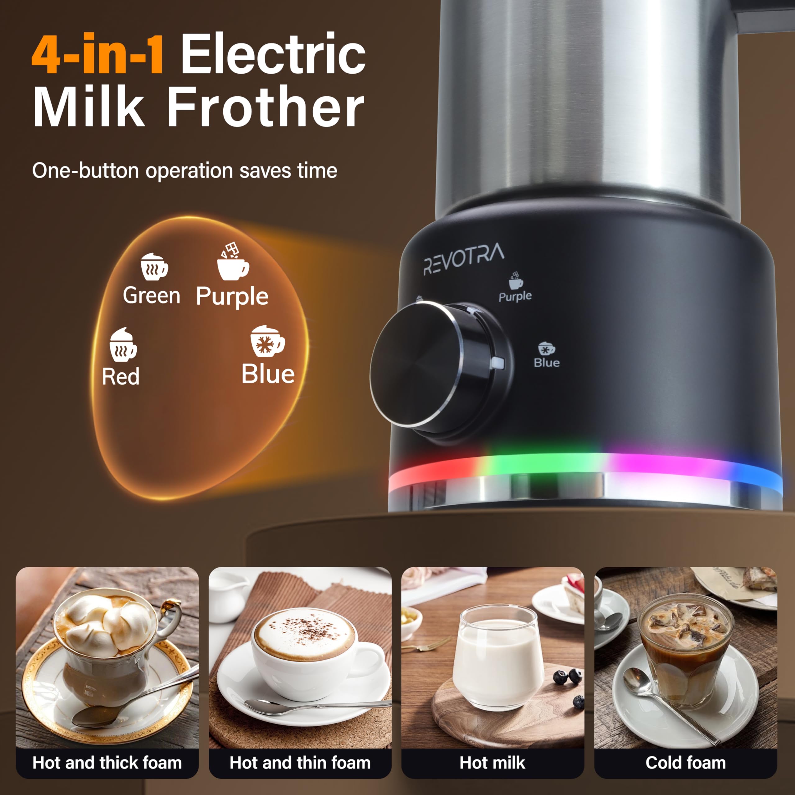 REVOTRA Mousseur à Lait Électrique 4-en-1, Chauffe-Lait et Mousse Chaude/Froide Automatique, 500ml, 600W, Acier Inoxydable, Compatible Lave-Vaisselle, pour Latte, Chocolat Chaud/Lait