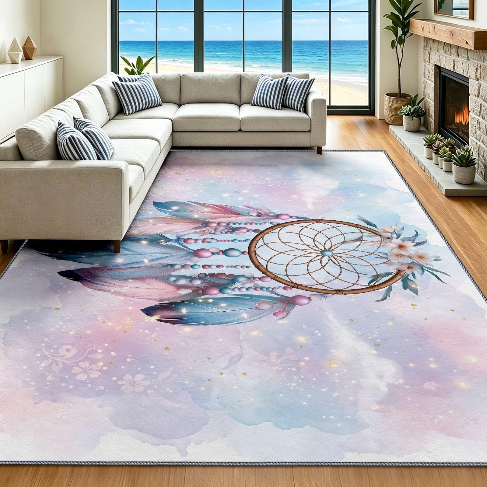 Generisch Teppich Wohnzimmer 120 x 180 cm Traumfänger Feder Kirschblüte Muster - Teppich für Wohnzimmer Küche Schlafzimmer Und Flur, Weich rutschfest Traumhaft Beruhigend Tepich Einfache Reinigung