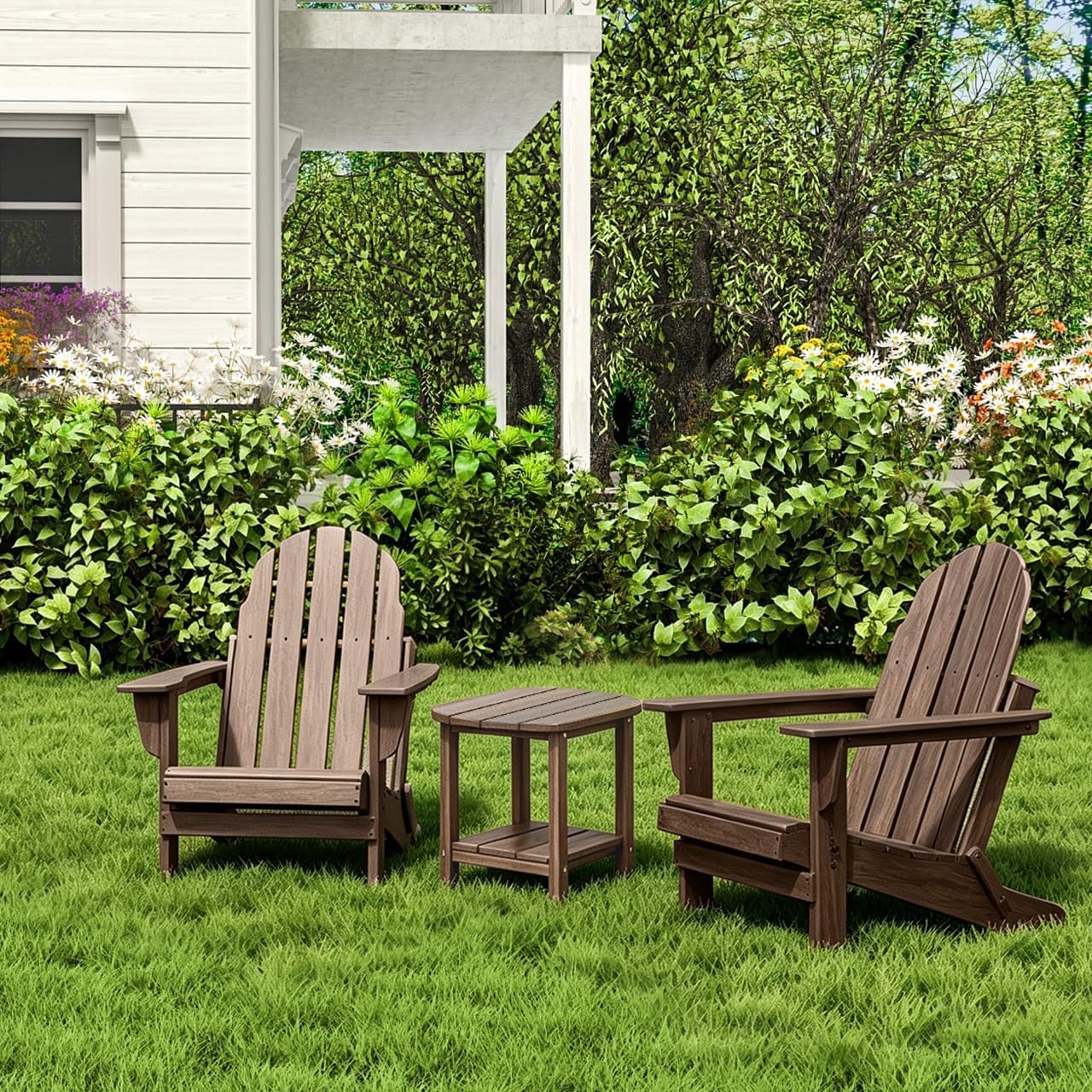 Outdoor Side Table with Shelf - All-Weather HDPE End Table with Realistic Wood Grain, Heavy Duty Composite for Patio, Deck, Poolside, Garden & Adirondack Seating (Brown Mixture)