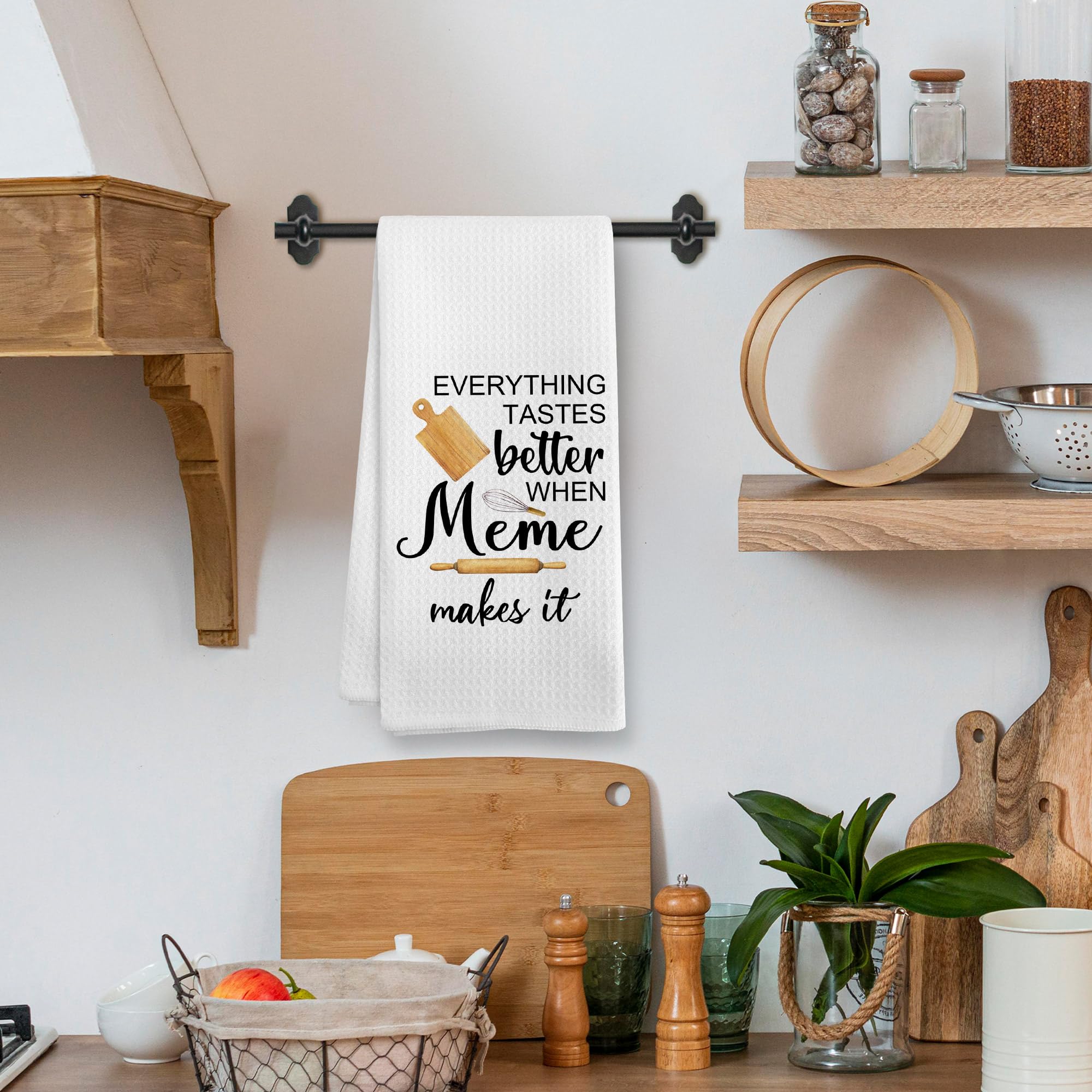 Meme Gifts Gift for Grandma from Grandkids Grandson, Mothers Day Christmas Birthday Kitchen Gifts Gift for Meme, Everything Tastes Better in Meme's Kitchen Dish Hand Tea Towels, 16x24 Inch