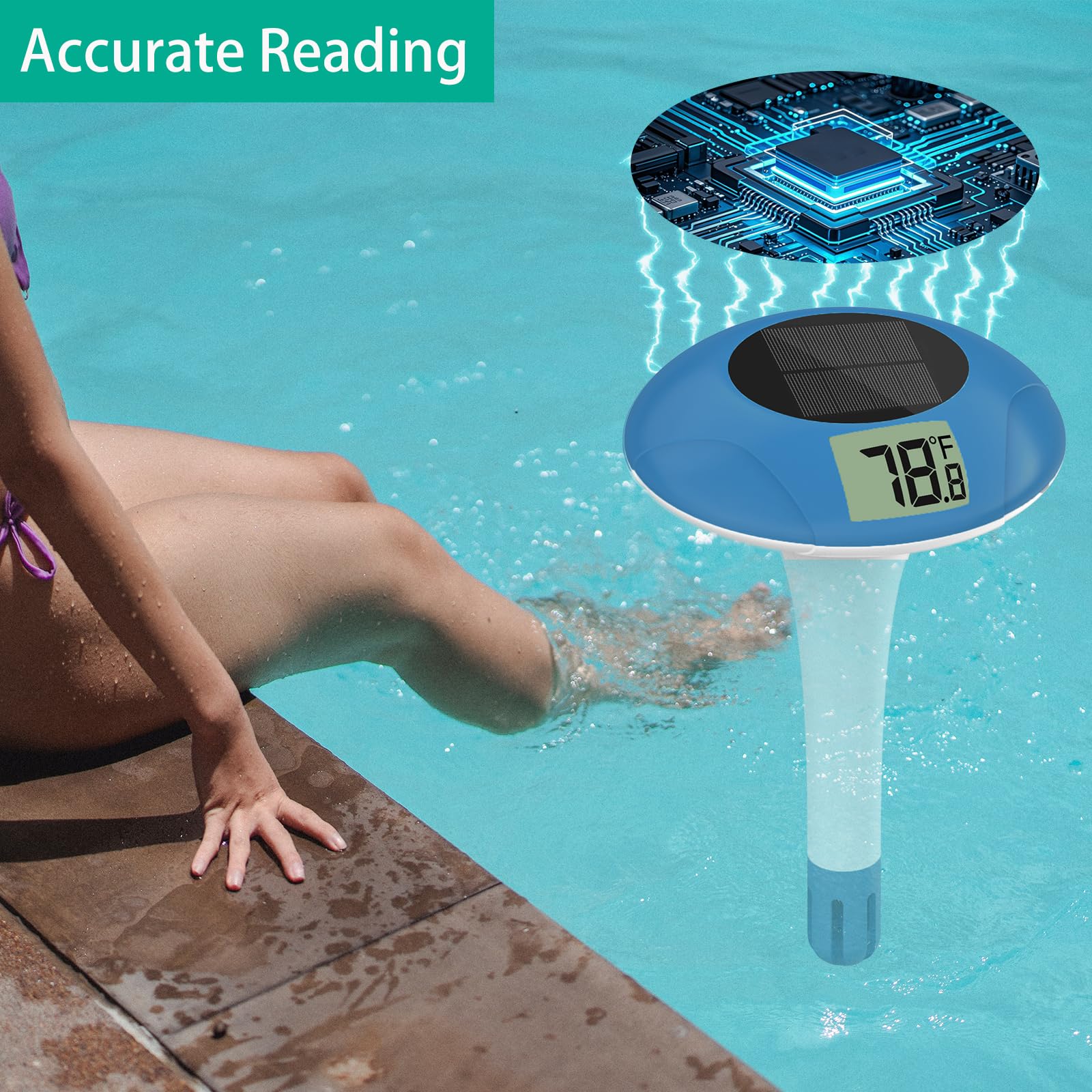 Thermomètre de piscine numérique à énergie solaire, flottant et facile à lire, étanche IPX-8, bleu marine