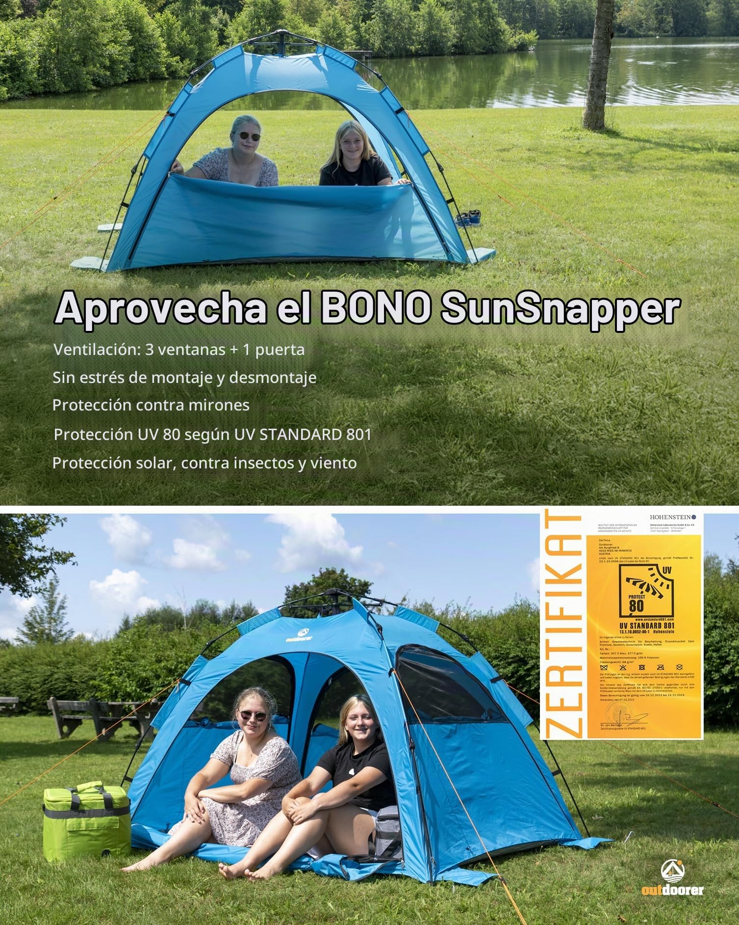 outdoorer Sun Snapper Air - Refugio de playa con 4 puertas y 3 ventanas, montaje rápido, protección UV 80, protección visual y protección contra insectos