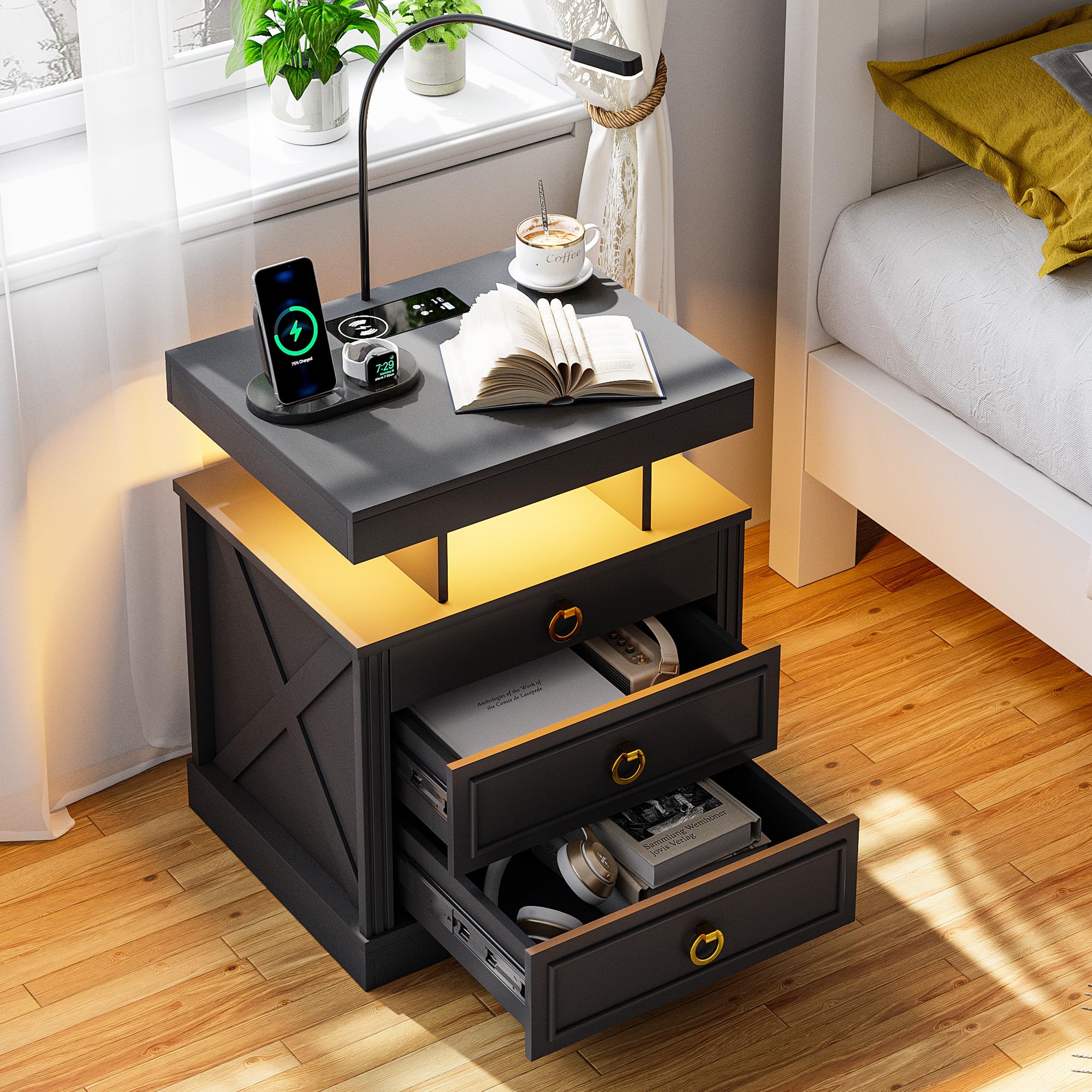 Lvifur Table de Nuit LED, avec tiroir caché, Table de Chevet de Chargement avec Port USB et Type-C, lumière à capteur Humain,Compartiment Ouvert et 2 tiroirs Noir