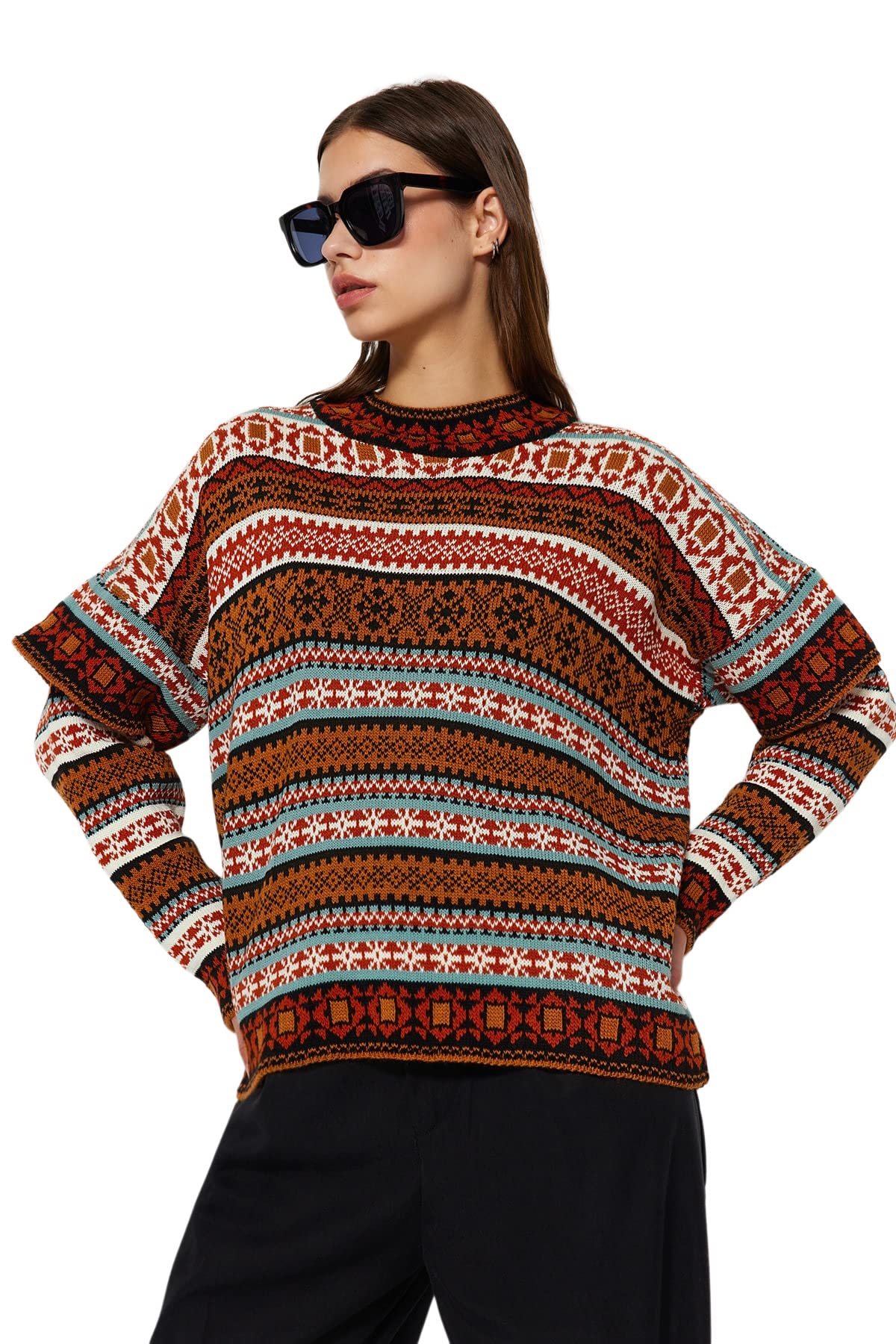 Trendyol FeMan Oversize Basic Standing Collar Knitwear Sweater,Camel,M