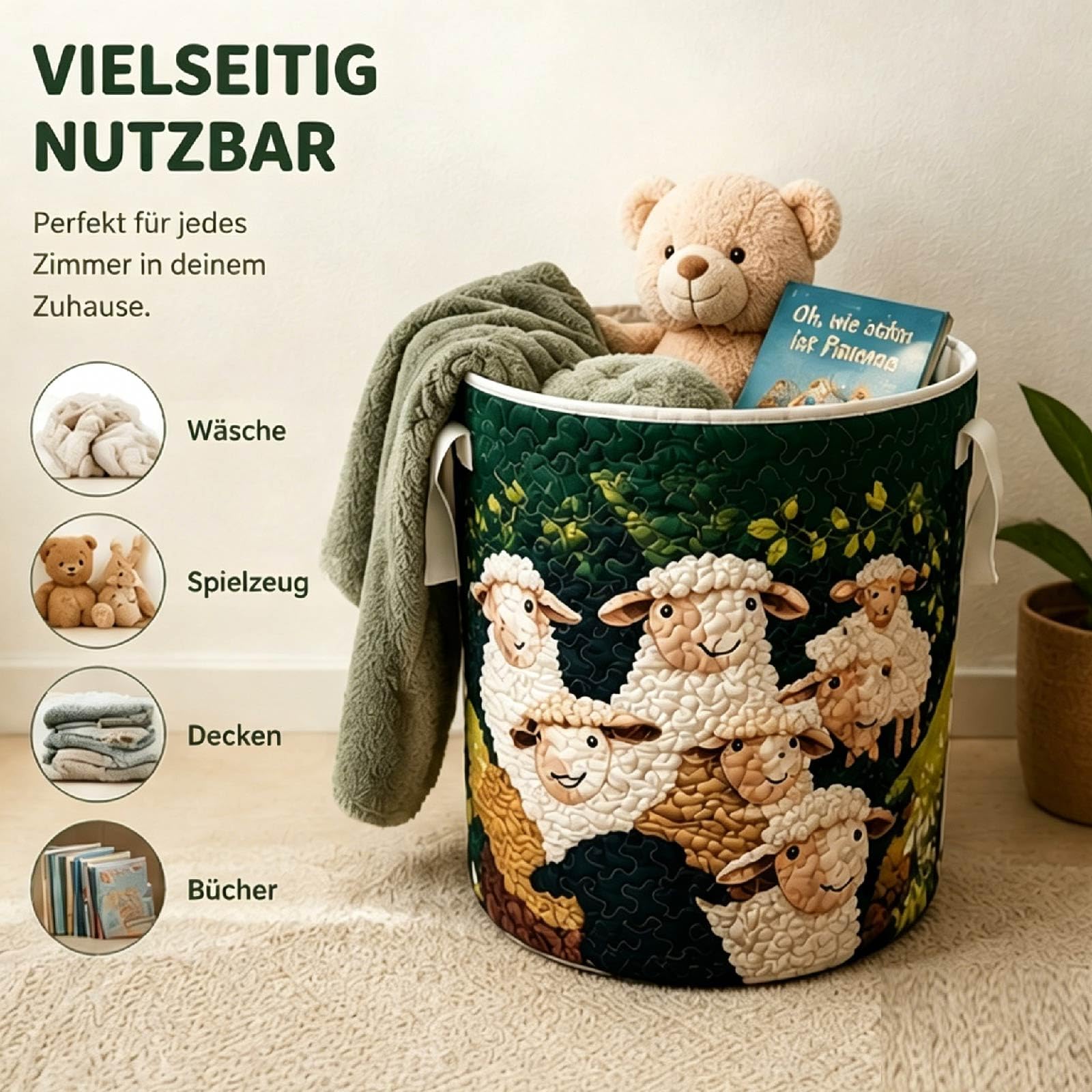 Wäschekorb Schäfchen für Kinderzimmer, Faltbarer Stoff Aufbewahrungskorb mit Griffen, Großer Wäschekorb Schafe für Spielzeug (C, 20"X28")
