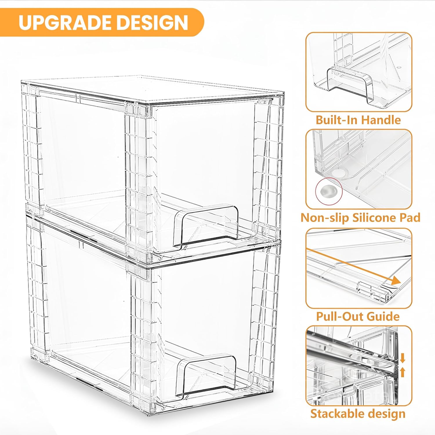 4 Pack Large Stackable Storage Drawers, Acrylic Bathroom Undersink Closet organizers and storage, Clear Plastic Bins for Pantry, Kitchen Cabinets, Makeup, Perfume, Baby Bottles, Medicine Organization