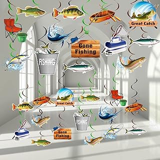 60Pcs Gone Fishing Party Supplies Gone Fishing Banner Ceiling Streamers Fish Paper Signs Fishing Party Decorations Fish Hanging Swirl Paper Cutouts For Fishing Birthday Party Decorations