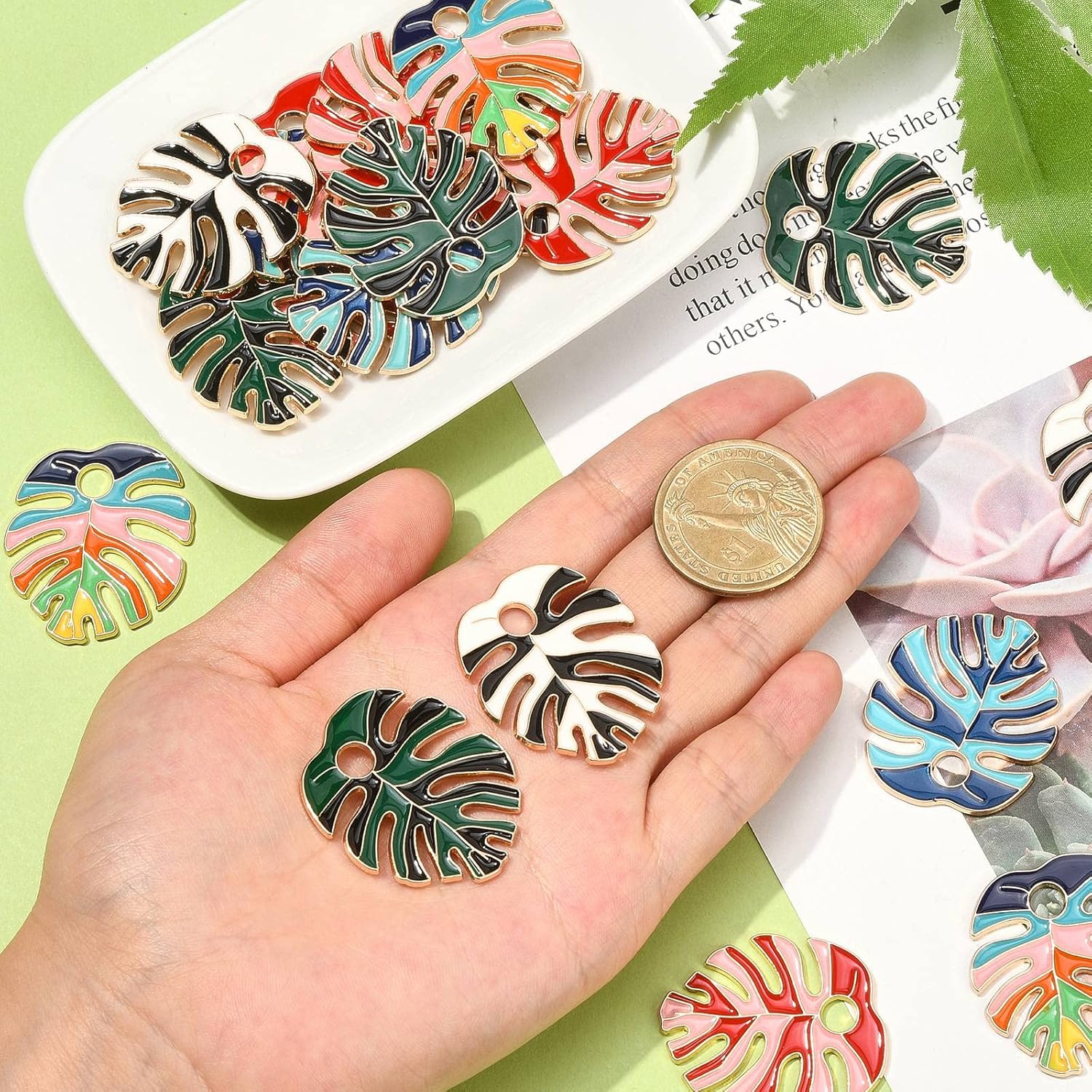 KitBeads 20pcs Random Enamel Tropical Leaf Charms - Summer Style Plant Colorful Monstera Leaf for Jewelry Making Bulk - Image 4