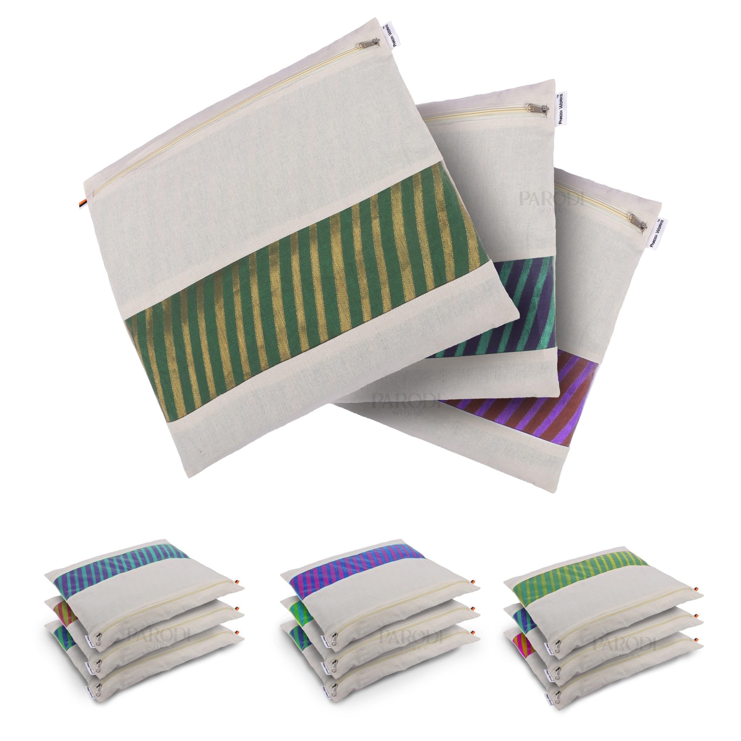 PARODI WORKS (PACK OF 12) Big Cotton Saree Bags/Covers for Storage single (16 x 14 Inches) with Zip Closure for Clothes Bags and Wardrobe Organizer with Transparent mesh window