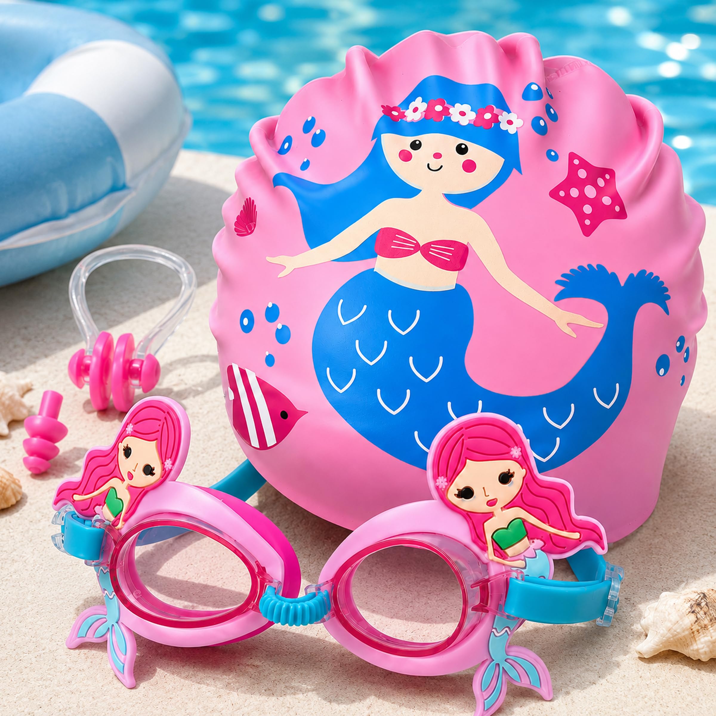 Toyshine Kids Swim Goggles and Swim Hat Child Shark Cute Swimming Kit Cartoon Blue Silicone Waterproof Hat Anti Fog Swim Glasses for Child Boys Girls Age 3-12- Mermaid-image-7