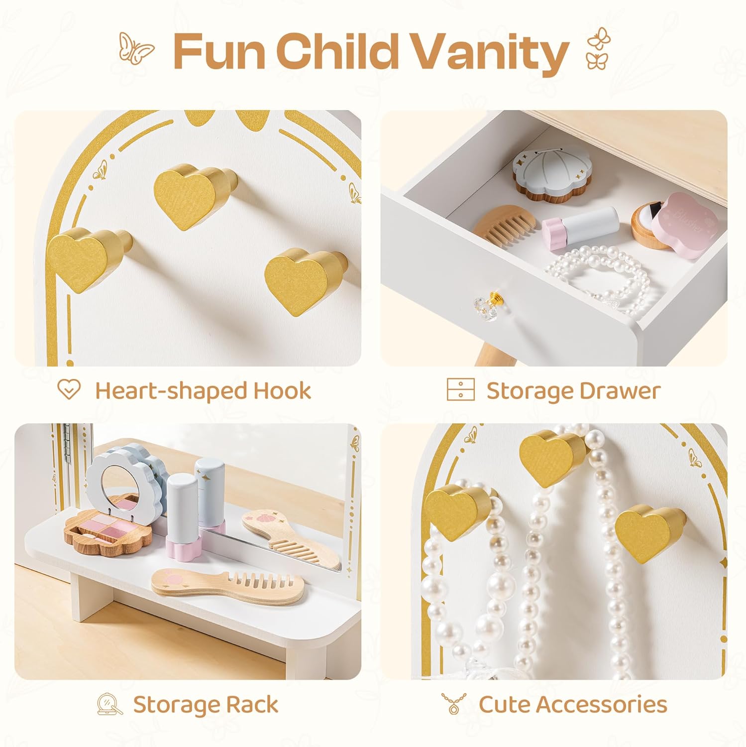 ROBUD Kids Vanity Table and Chair Set, Girls Vanity Set with Mirror, Pretend Play Kids Vanity, Makeup Dressing Table with Drawer and Accessories, Age 3+ (Platinum)