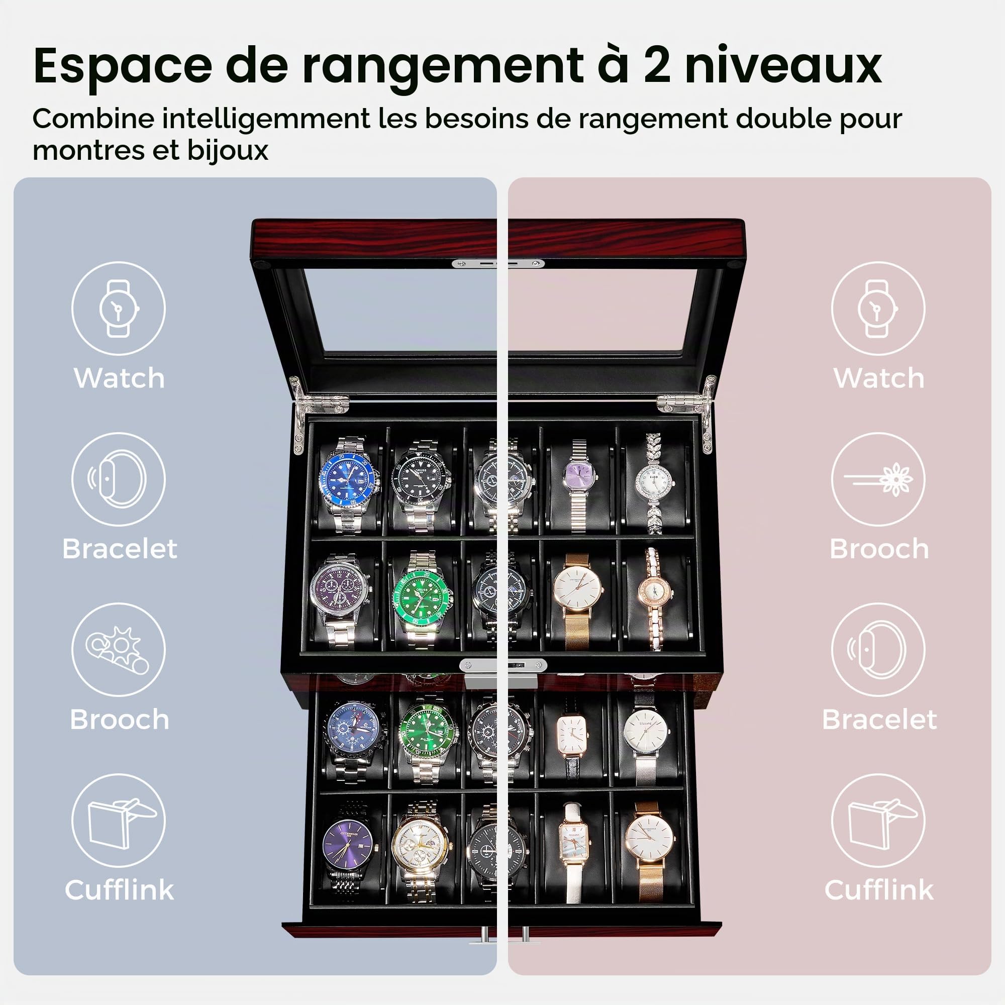 ANWBROAD Boîte à Montre Homme 20 Emplacements | Grand Couvercle Verre Rangement Montre Double Couche Affichage Housse Verrouillable Montres Stand, JWB002Y