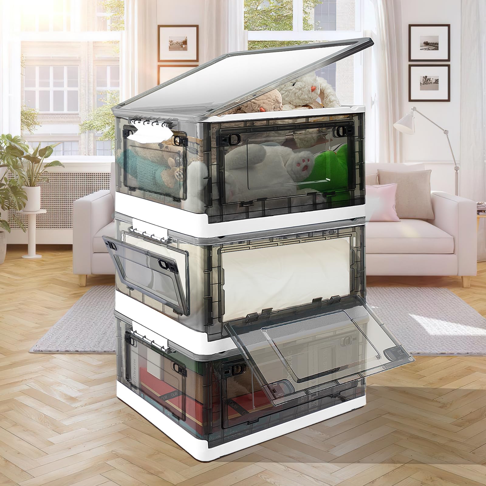 Photo 1 of Storage Bins With Lids, 23.3Gal/93Qt Storage Containers Cubes With Wheels and Sturdy Three-Sided Doors Design for Bedroom/Livingroom/Kitchen/Office Plastic Storage Bins 3 Pack-Large White 93Qt-3Pack Large White