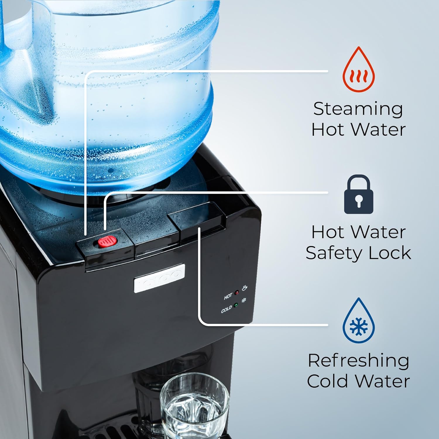 Close-up of the Igloo water cooler's dispensing area, highlighting the hot water spigot with child safety lock and the cold water spigot.