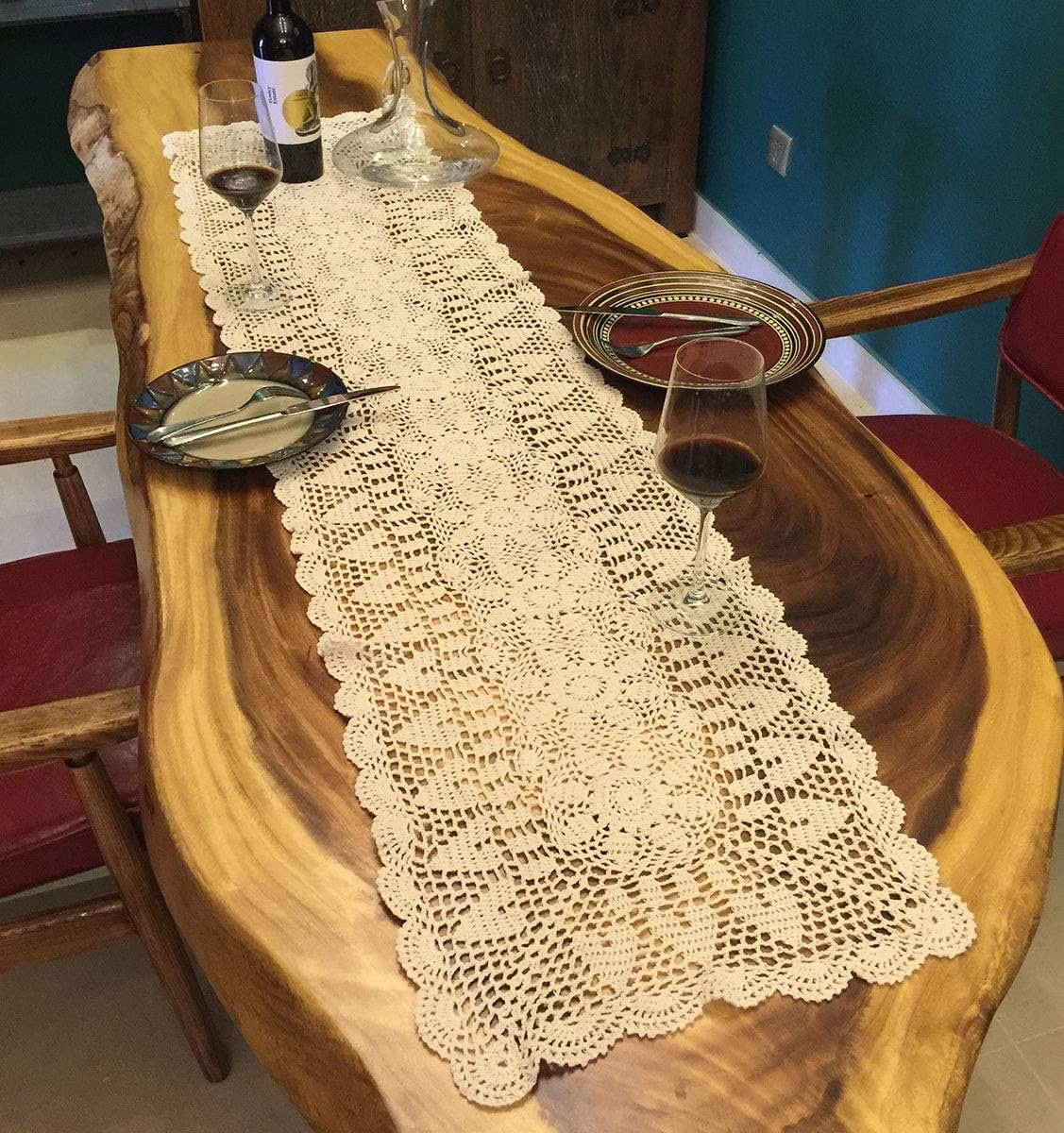 Beige Handmade Crochet Doilies Cotton Table Runner Lace Doilies Doily Rectangle Dresser Scarves for bedrooms,16 by 63 Inches.