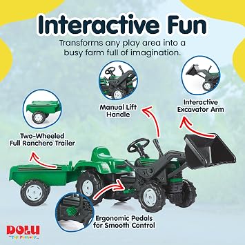 DOLU Pedal Operated Ride On Tractor for Kids with Full Ranchero Trailer, Indoor Outdoor Toy Vehicle with Front Loader & Hauling Trailer for Ages 36