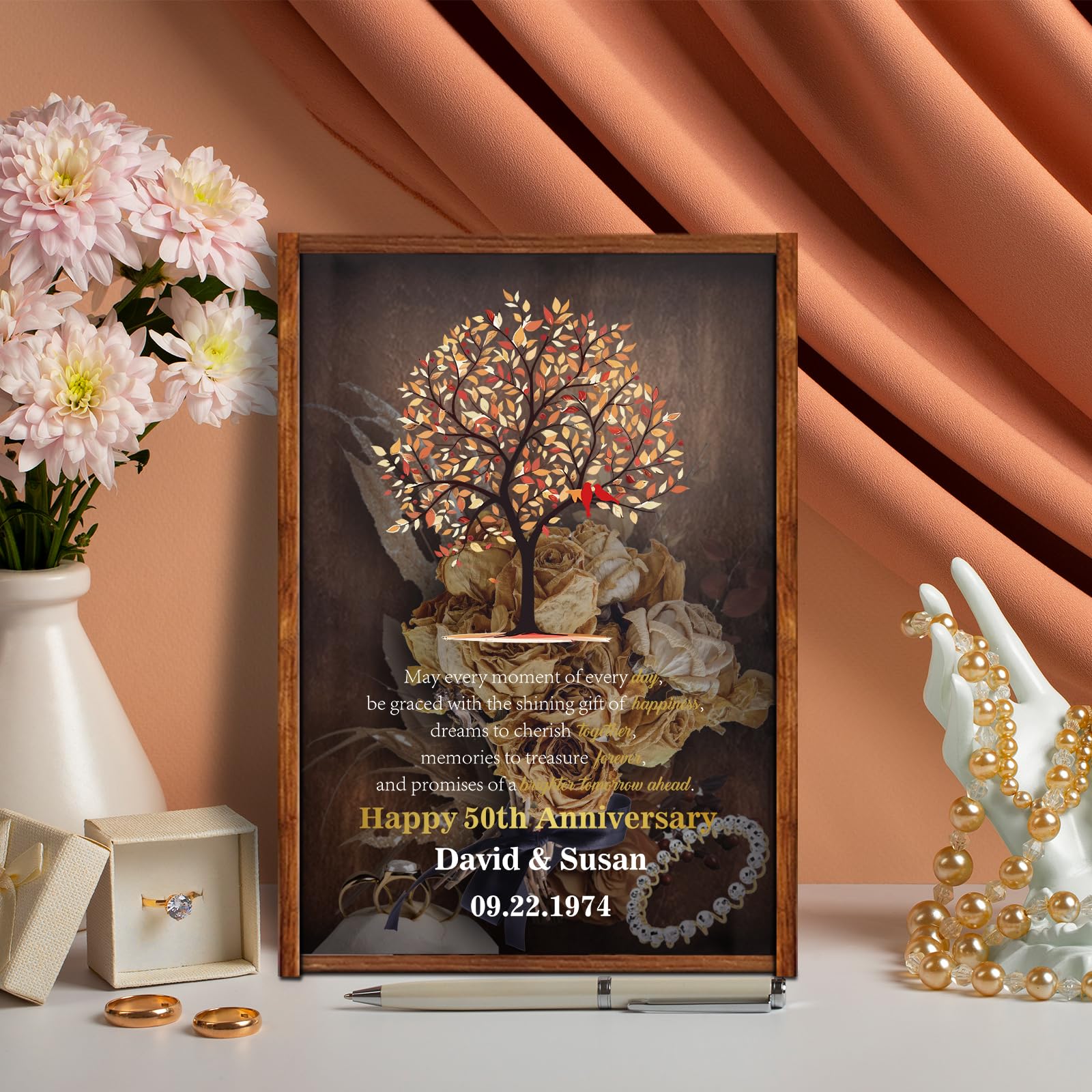 HRZSIGNFC Personalized 50th Anniversary Tree of Life Shadow Box ?Personalized Wedding Gift, Gift for Her, Wife, Mom, Wall Mounted or Free Standing