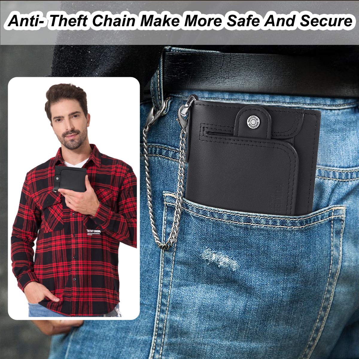 HNOOM Cartera Hombre Piel con Monedero Billetera Hombre con RFID Bloqueo Billeteras Bifold Hombres Monedero Hombre Pequeño con Cremallera 14 Ranuras para Tarjetas Carteras para Hombre con Cadena