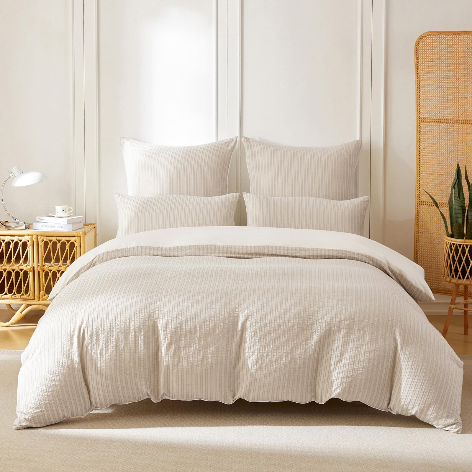 Housse de couette 200x200 coton doux beige rayé pour des nuits douces et sereines
