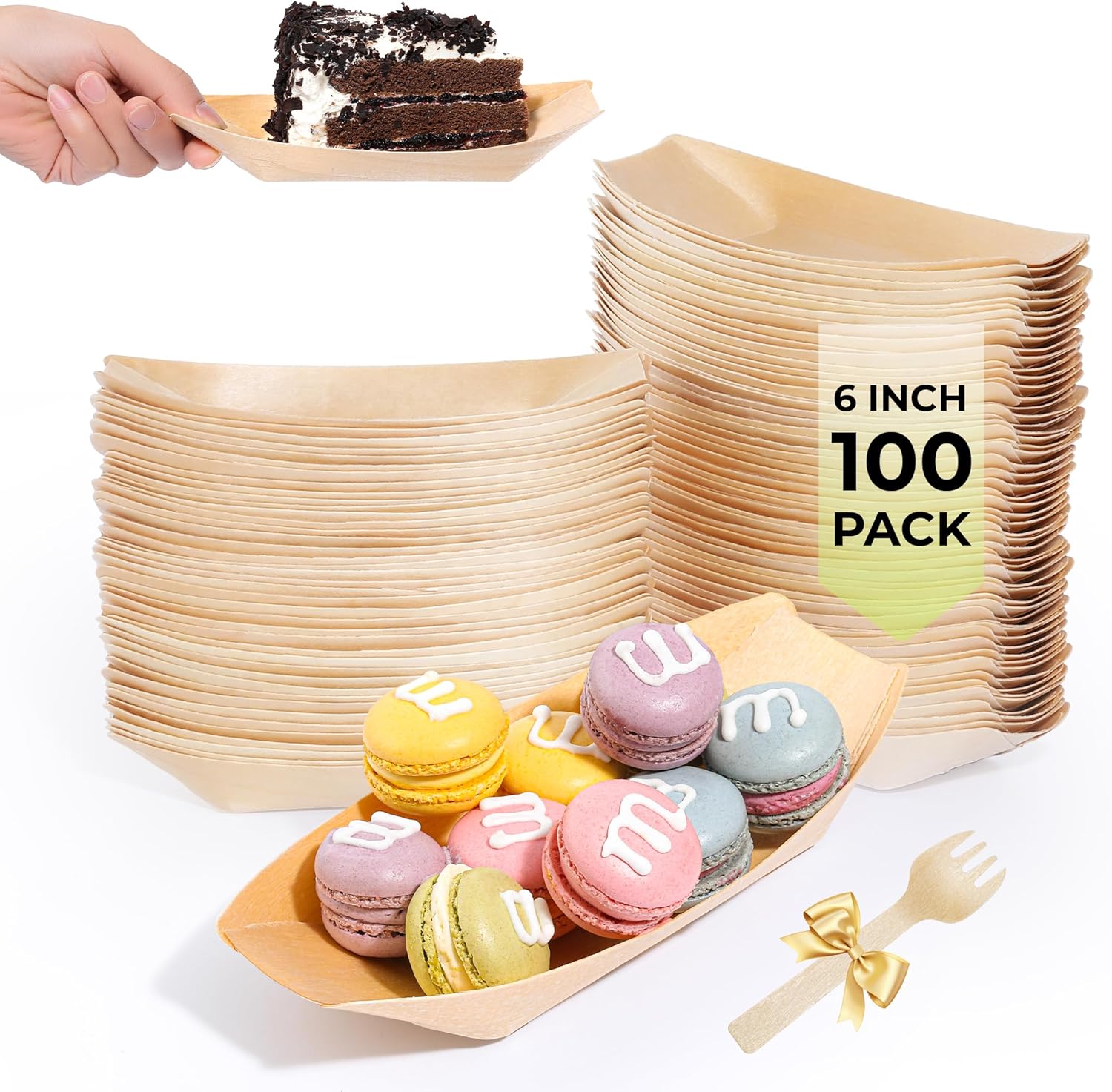 100-Pack Upgraded Thick Wooden Disposable Plates 6IN Thickened Boat Plates Food Trays with 0.7lb/305g Load Capacity Sturdy Food Boats for Party (Actual Size Used: 3.39"L x 1.97"W x 0.63"H)
