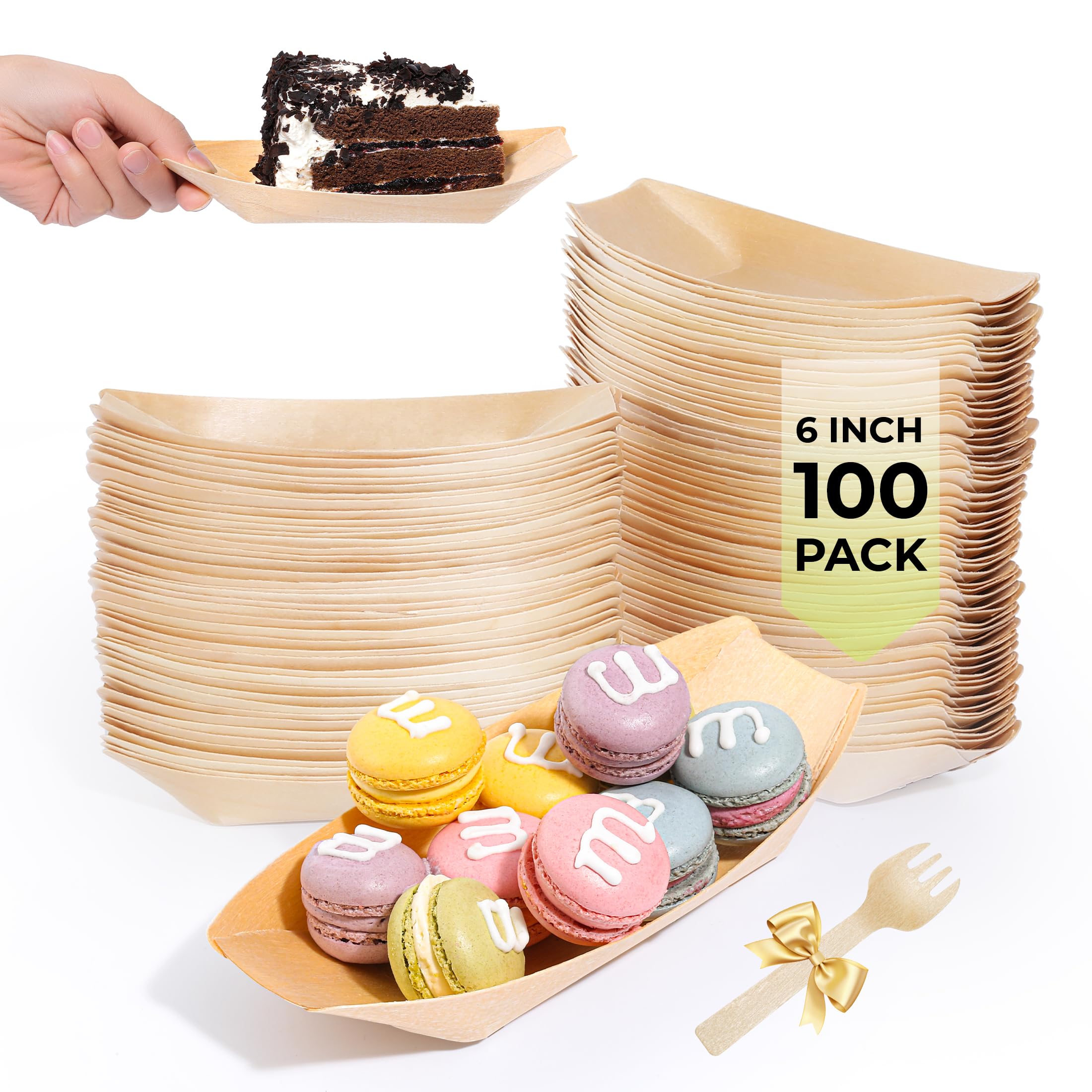 100-pack upgraded thick wooden disposable plates 6in thickened boat plates food trays with 0.7lb/305g load capacity sturdy food boats for party (actual size used: 3.39"l x 1.97"w x 0.63"h)