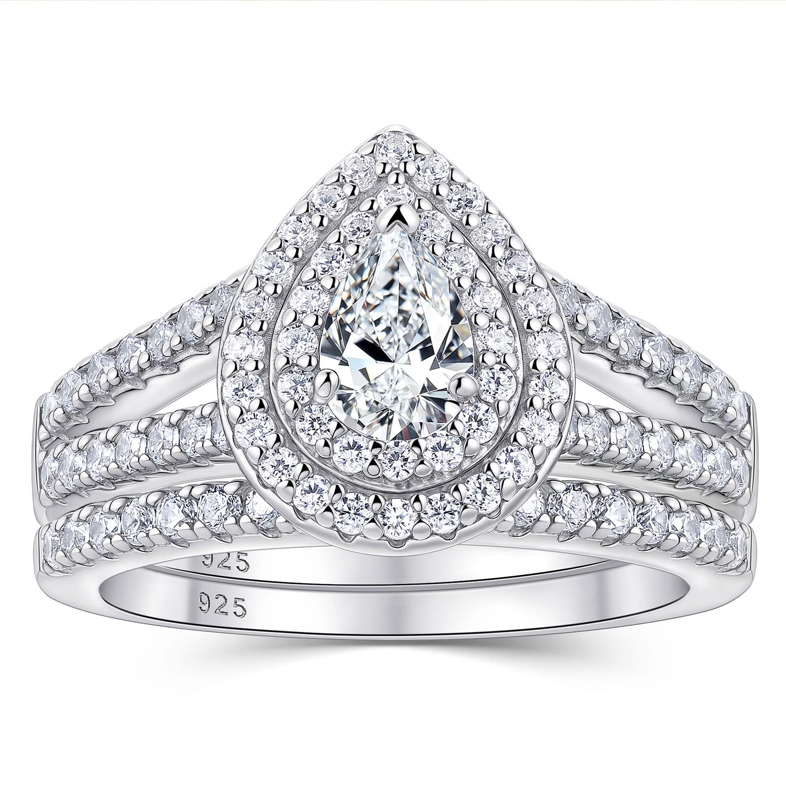 Newshe Jewellery Cubic Zirconia Wedding Rings for Women 925 Sterling Silver Engagement Bridal Ring Set Pear White Promise Anniversary Band Size 4-13