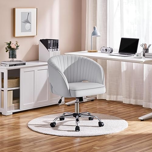Miniatura 4 de Yaheetech Silla de oficina en casa, silla de escritorio de terciopelo, silla giratoria moderna tapizada con respaldo de barril copetudo, ruedas