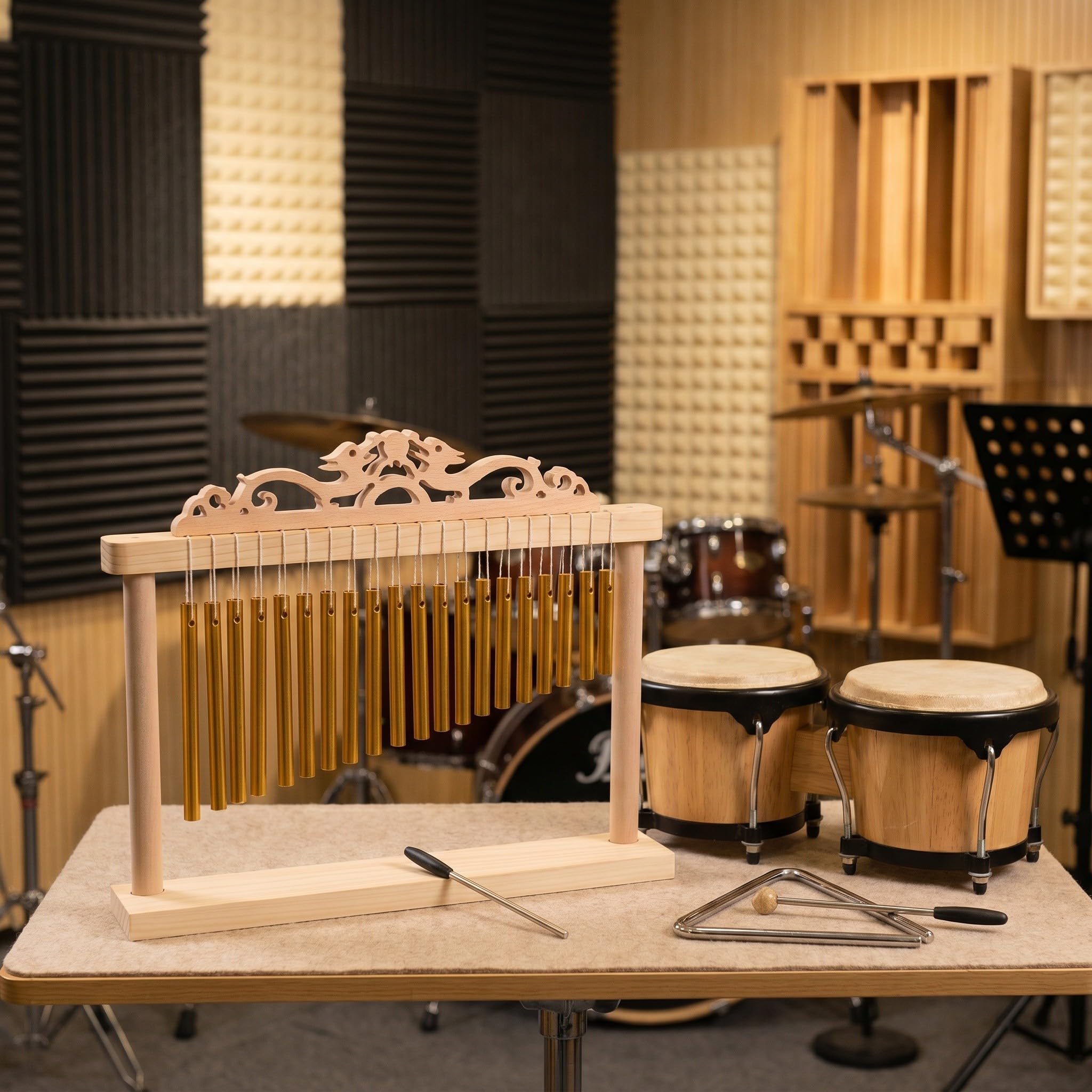 Campanas de Viento para Percusión de 20 Notas en Línea, Estructura Estable con Base Antideslizante, Madera y Metal Dorado, Incluye Mazo para Presentaciones y Escenario