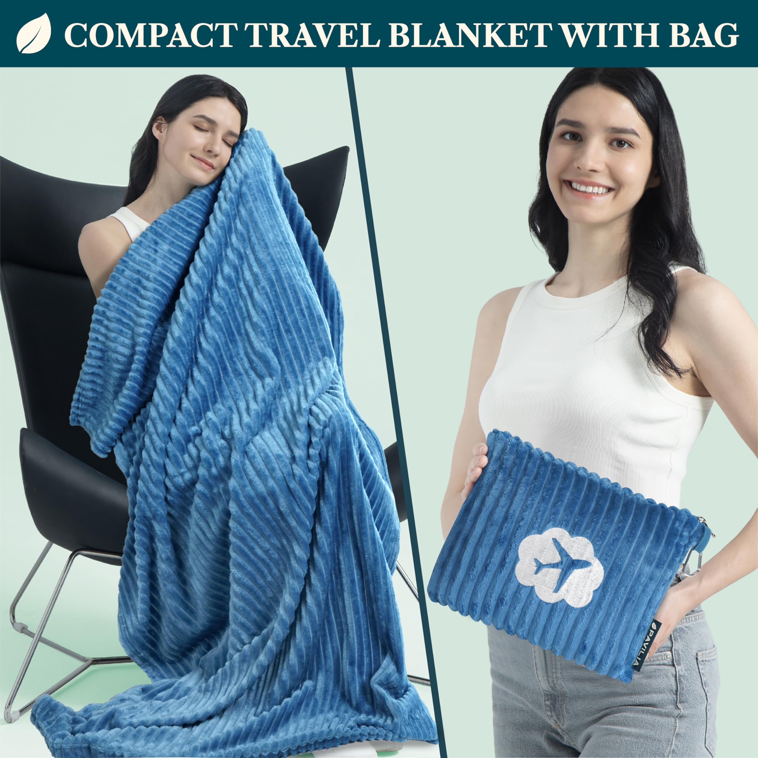 PAVILIA Almohada de Viaje en Bolsa Suave con Bolsillos, Juego de avión, compacta y Plegable, Almohada de Coche Flight Essentials, Regalos de Accesorios de Viajero, Correa de Equipaje, Turquesa, Azul