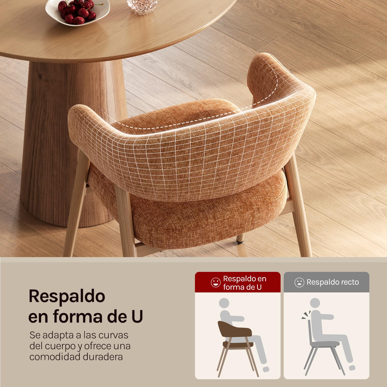 WOLTU Juego de 2 Sillas de Comedor Ergonómicas, Marrón Caramelo | Respaldo Ahuecado, Patas Ajustables, Asiento de Tejido de Chenilla, Patas Metálicas, para Comedor, Cocina, Salón y Dormitorio