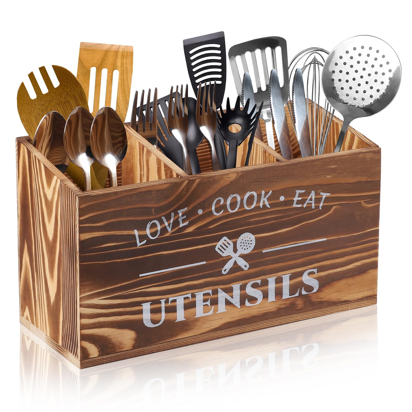 LALAGO 3 Scomparti per Utensili da Cucina in Legno, Organizer da Cucina, Portautensili da Cucina in Legno, Organizer per Piano di Lavoro Della, Decorazione Rustico Marrone