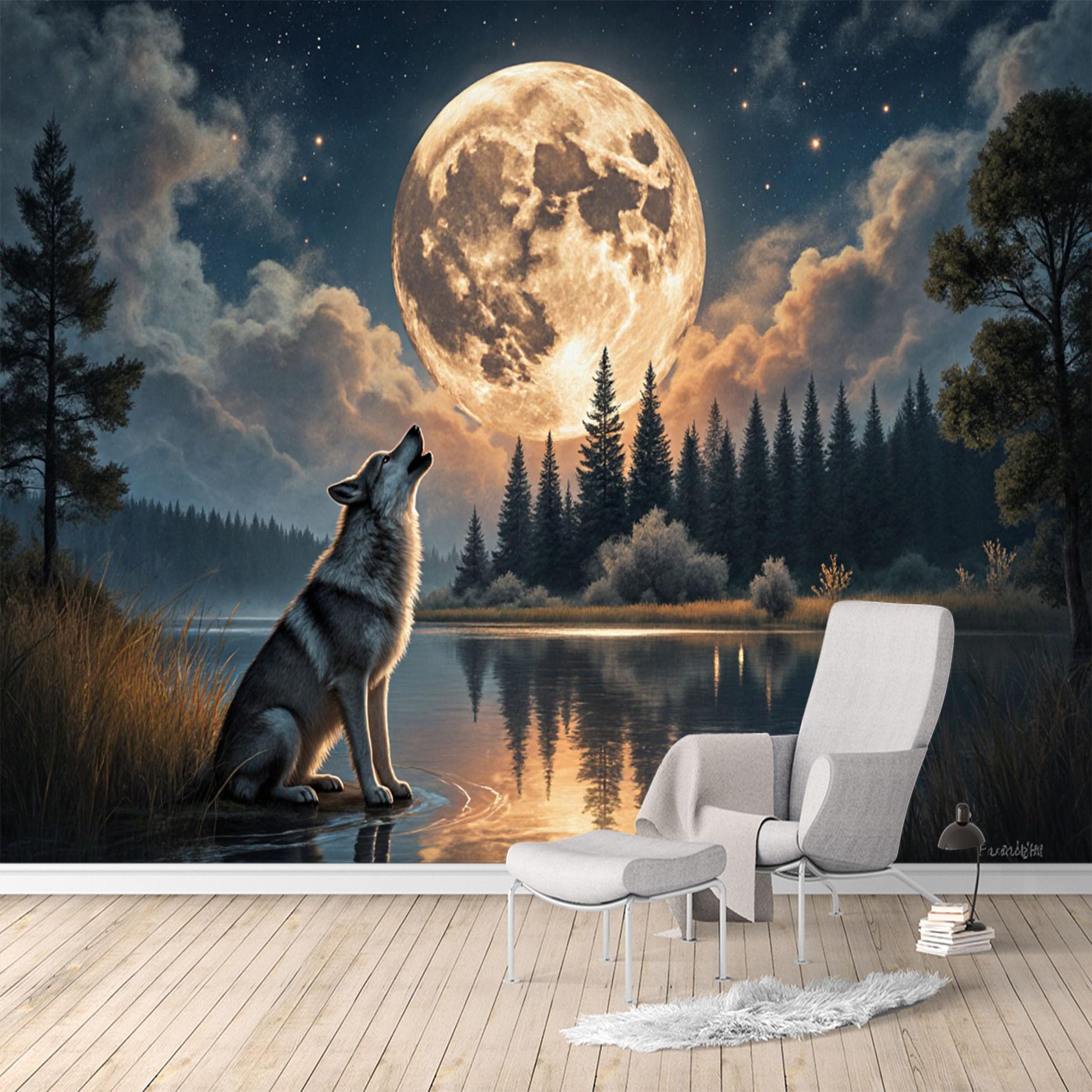 Custom Size Wall Murals, Howling Wolf Moonlight Forest Night Sky, SelfAdhesive Water Activated Removable Wall Covering, Large Photo Wallpaper for Living Room Bedroom Office