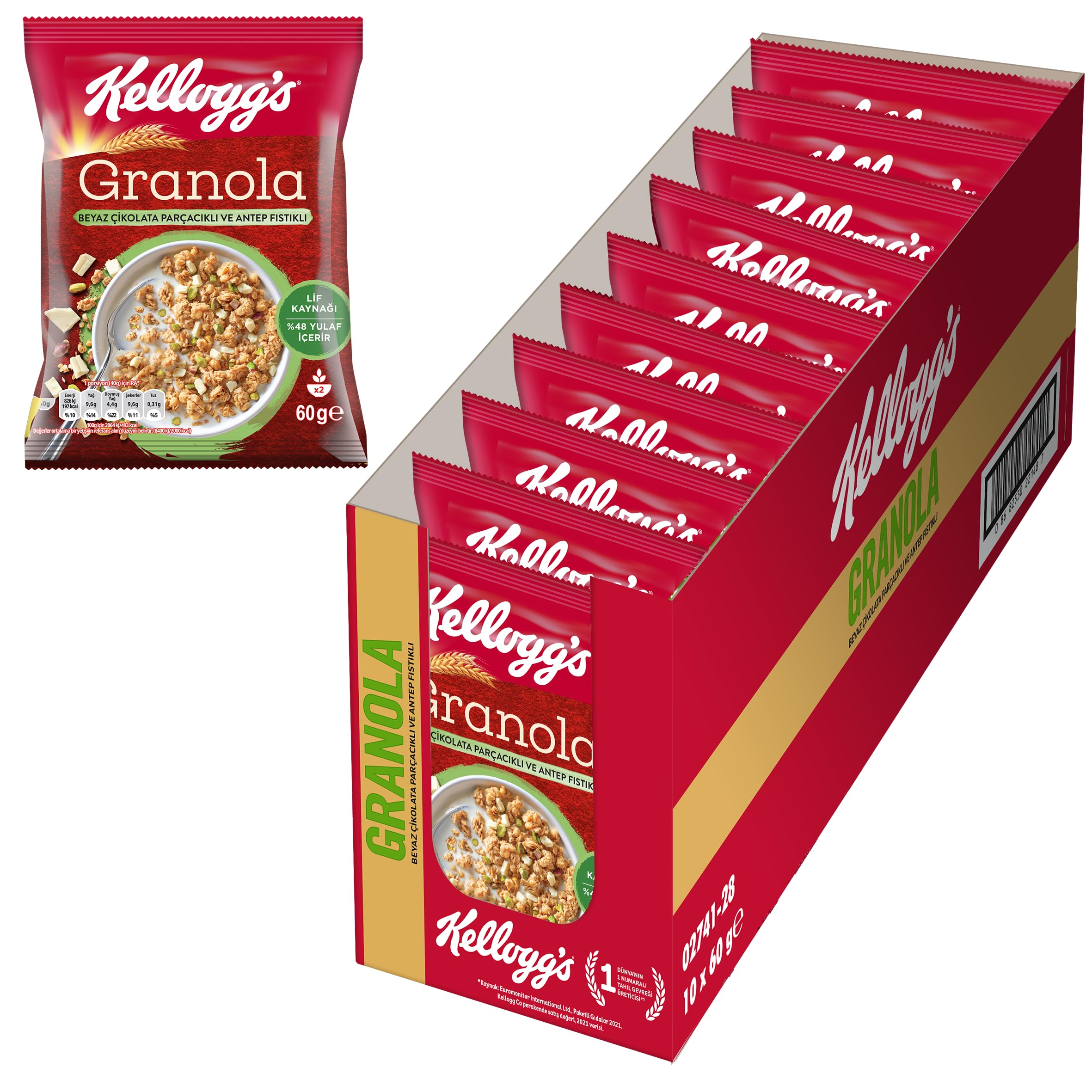 Kellogg's Granola Beyaz Çikolatali & Antep Fıstikli 60 Gr x10 Adet,%46 Yulaf içerir,Lif Kaynağı,Antioksidan içerir,Kahvaltılık Gevrek,Müsli,Atıştırmalık