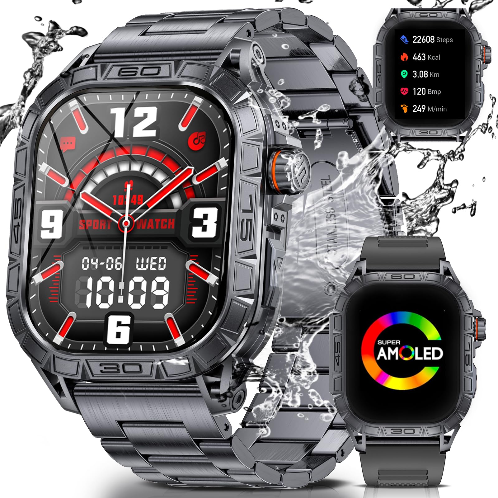 ESFOE Reloj Inteligente Hombre(2 Correas),1,96" AMOLED Smartwatch Militar,100+ Modos Deporte 380 mAh IP68 Reloj Deportivo con Pulsómetro, Podómetro Monitor de Sueño para Android iOS con Asistente Voz