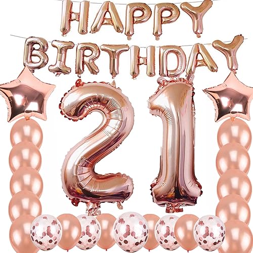 Decoraciones de cumpleaños número 21, suministros de fiesta, globos de aluminio de oro rosa jumbo para suministros de fiesta de cumpleaños,