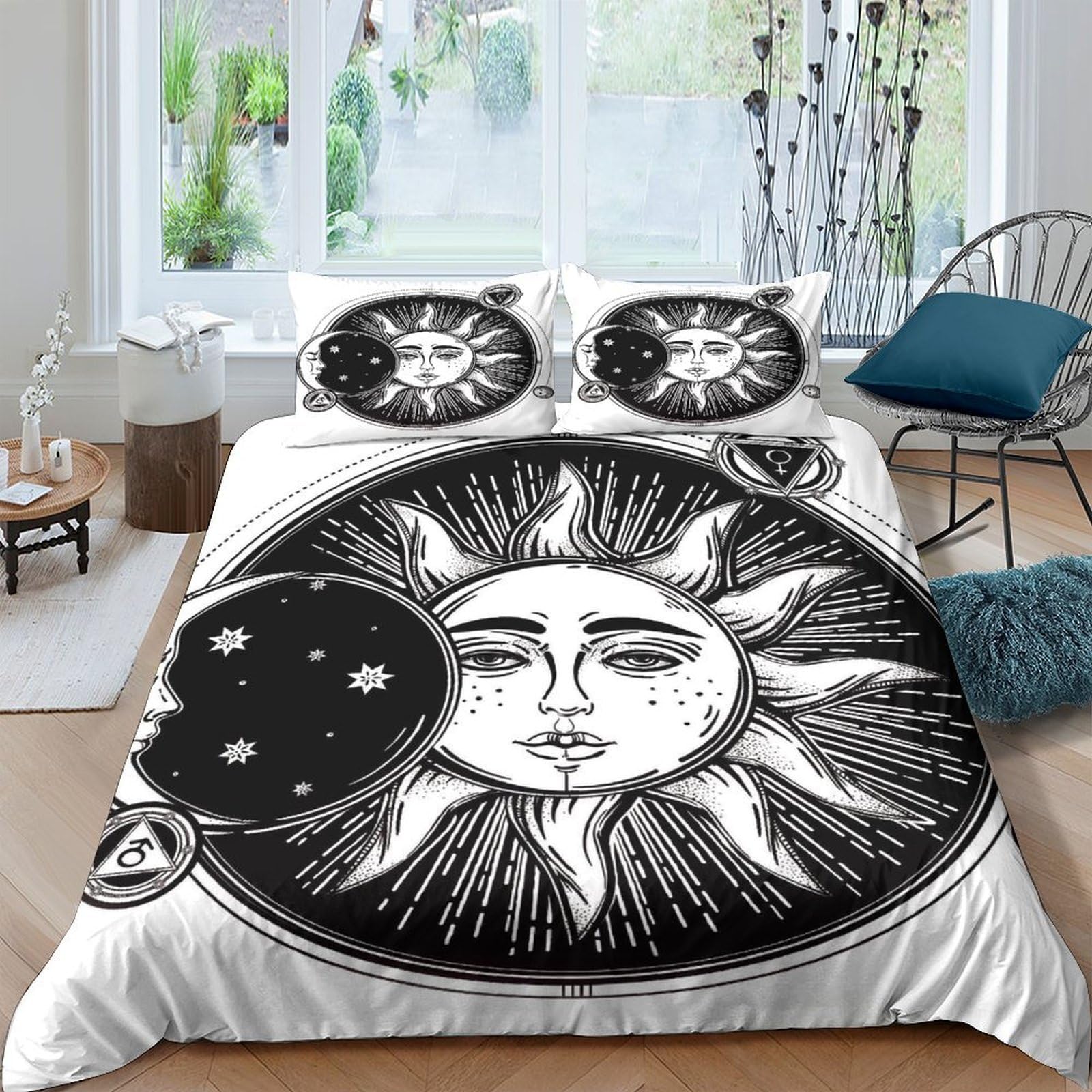 Ctjqhvkz Style-3 3D Printed Sun Moon Fitted Sheet Microfiber Black White Celestial Bed Cover For Bedroom Guest Room Mattress Protection Single（135X200cm）