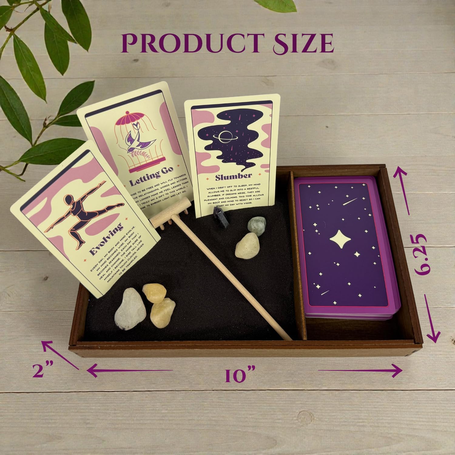 Wooden Zen Garden with Daily Affirmation Cards for Women and Men | Midnight Purple Sand with Rake & Amethyst Wand | Affirmations for Mindfulness, Meditation, and Inspiration | Beautiful 52 Card Deck