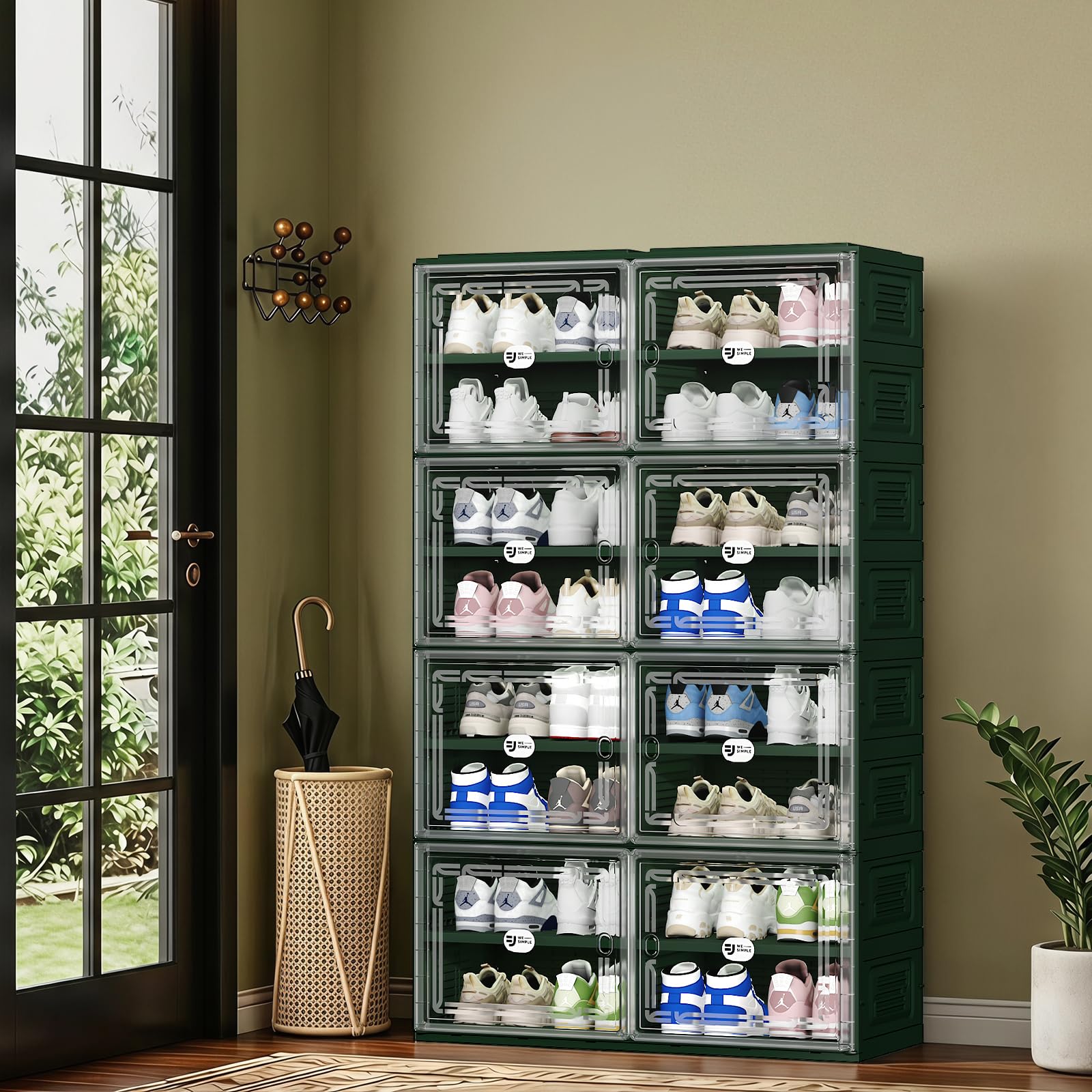 Green Foldable Shoe Storage Cabinet for 32 Pairs with Magnetic Clear Doors, Portable Enclosed Shoe Organizer, 3-Step Quick Assembly for Entryway, Closet, Garage (2 Row, 8 Tier)