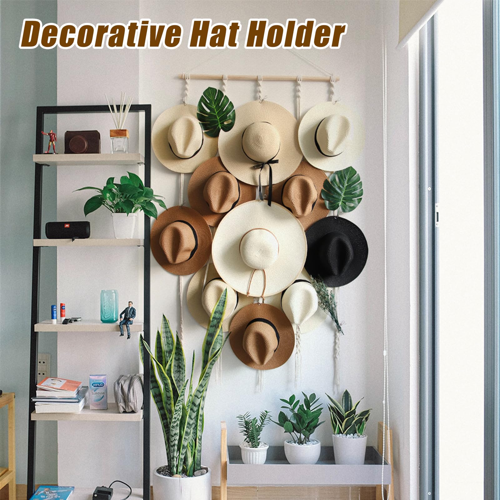 JOJOCY Porta cappelli da parete, organizer per cappelli con 12 clip, porta cappelli stile boho, decorazione per cappelli Fedora, da cowboy, a tesa larga, 155 x 80 cm