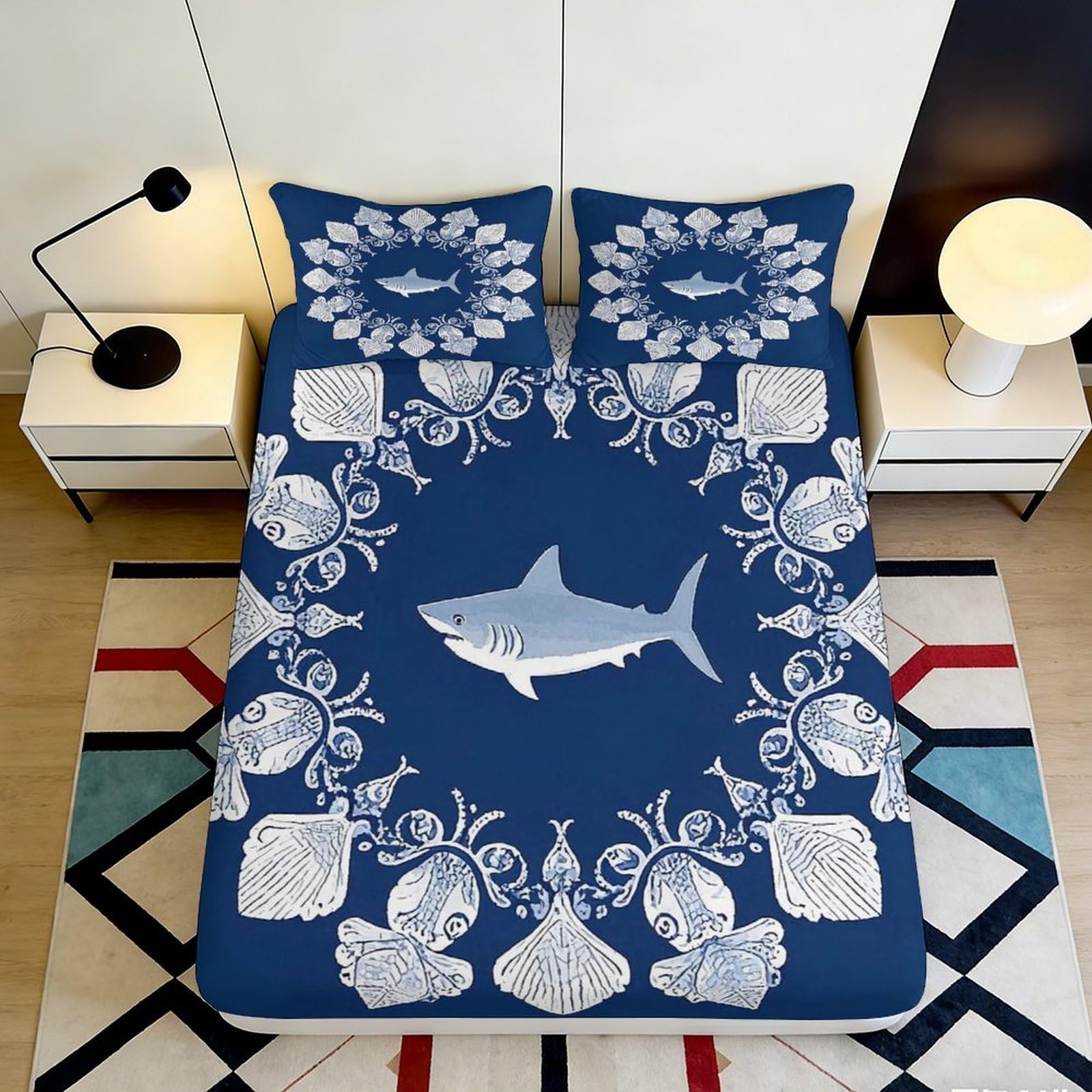 Pnayamiorkfel Style-6 3D Printed Shark Ocean Fitted Sheet Microfiber Navy Blue Sea Life Mattress Cover For Bedroom Guest Room Decor 90X200x25cm