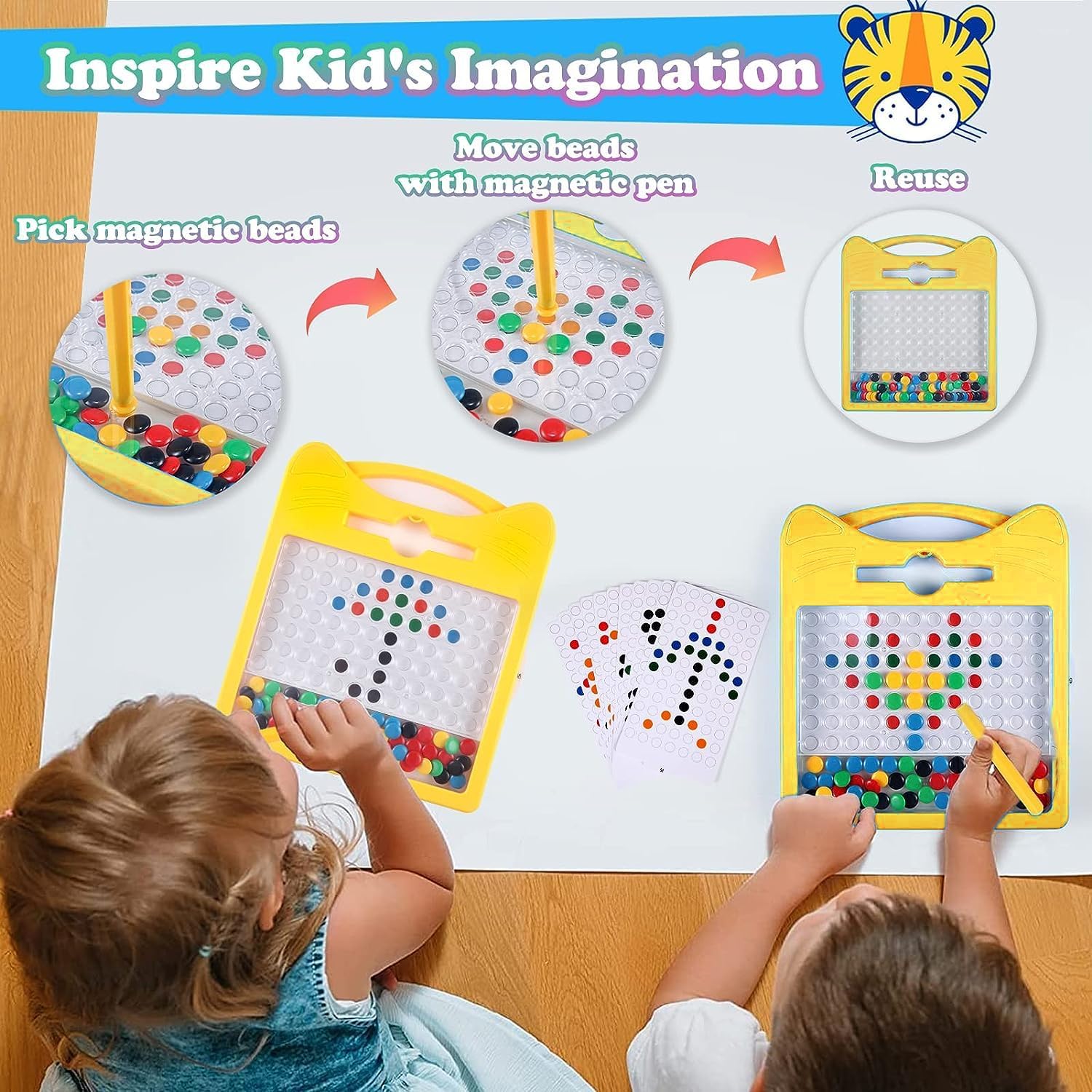 Kidoyz Magnetic Dot Drawing Board for Kids | Montessori Magpad Doodle Board with Magnetic Beads, Stylus Pen & 12 Double-Sided Activity Cards | Alphabet & Writing Practice Learning Toy - MBoard 2