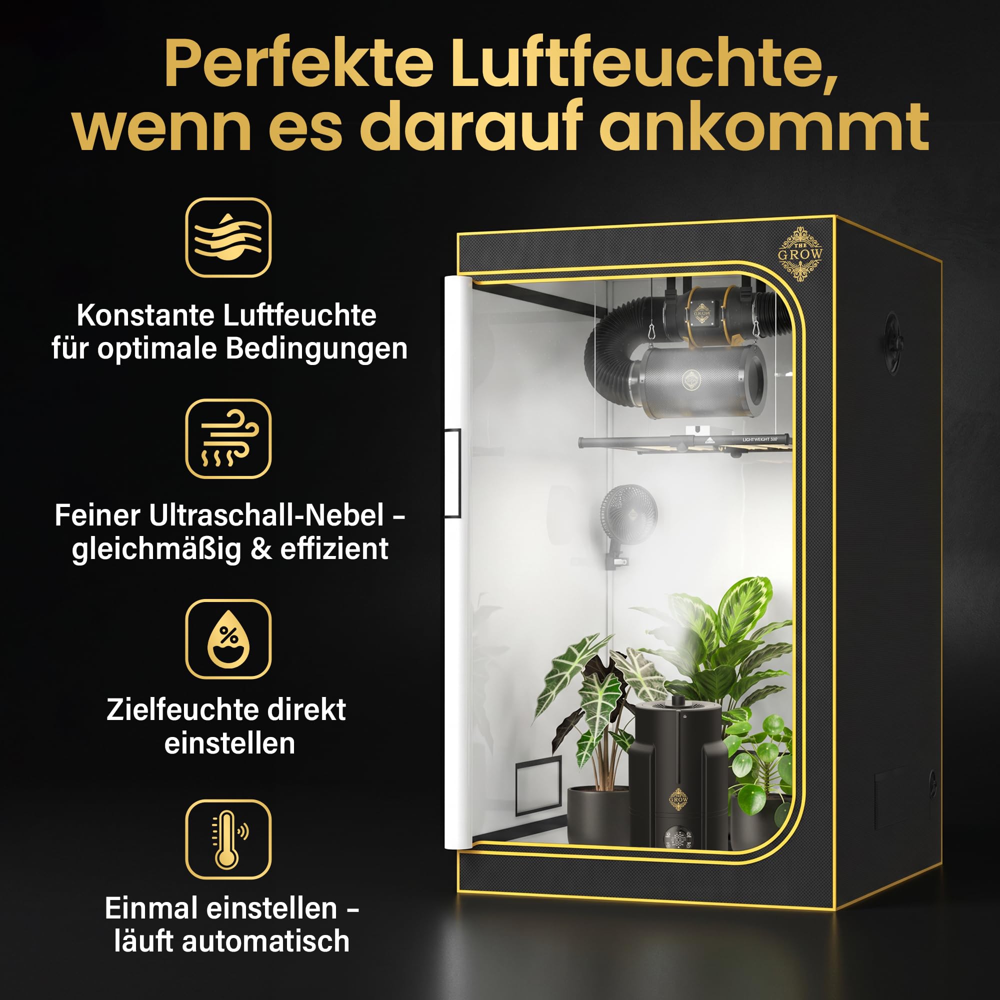 Nebel PRO Luftbefeuchter 6L für Growzelt und Growbox, Ultraschall-Luftbefeuchter mit Hygrostat 35–95%, 4 Nebelstufen, bis 450 ml/h, externer Sensor, Timer, Fernbedienung, Schlauch