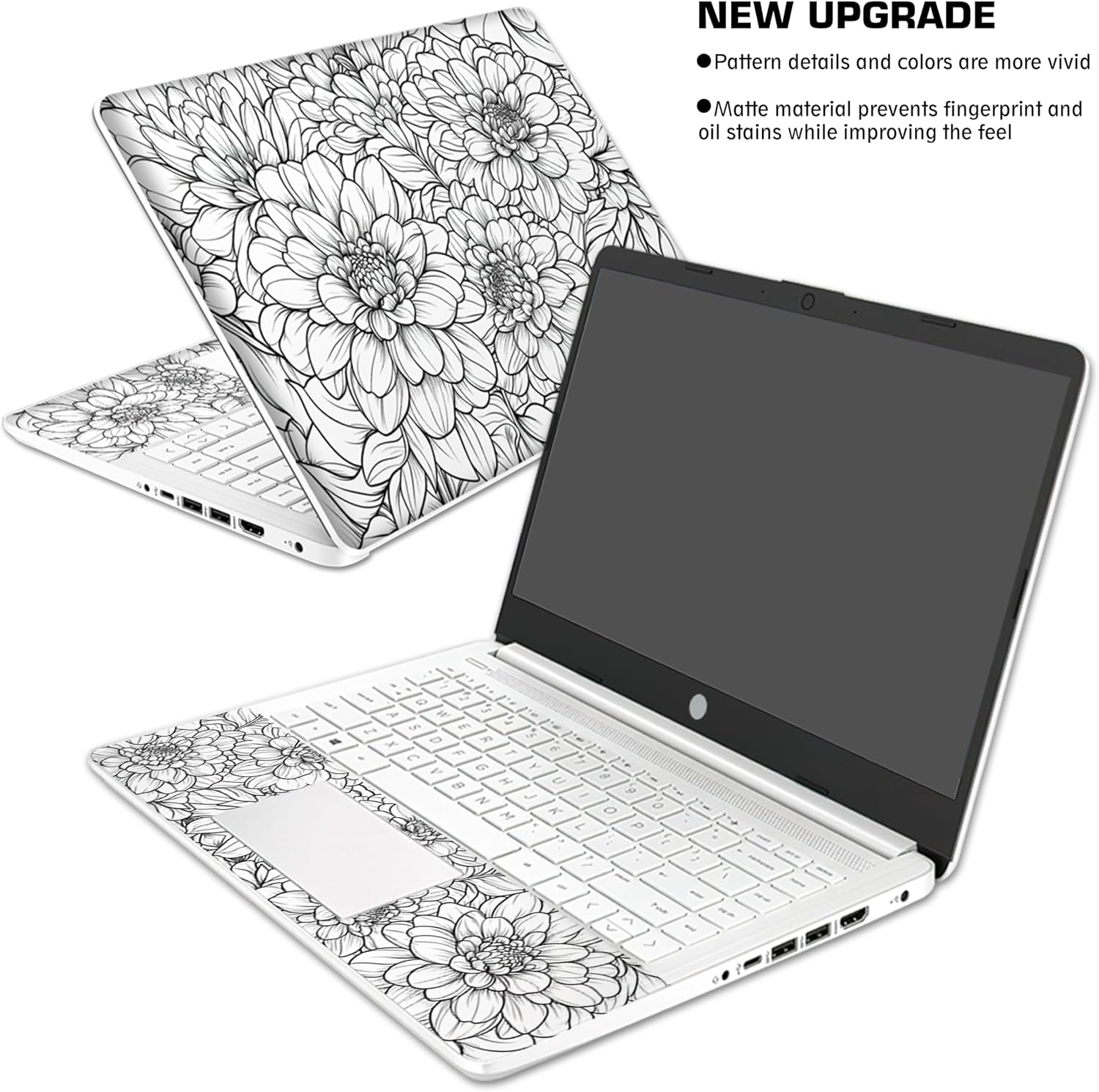 Laptop Skin Decal HP 14" - Black White Botanical, Laptop Cover Sticker, No Cutting Required, No Bubble, Waterproof, Scratch Resistant - Including Wide Screen and Wrist Pad image 3