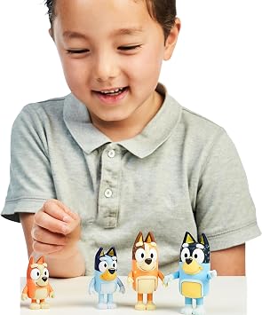 Bluey Family Figure Pack of 4, Robust Poseable Character Toys with Bingo, Chilli, and Bandit Figures, Toddler-Sized Animal Figurines for Kids Ages 3+