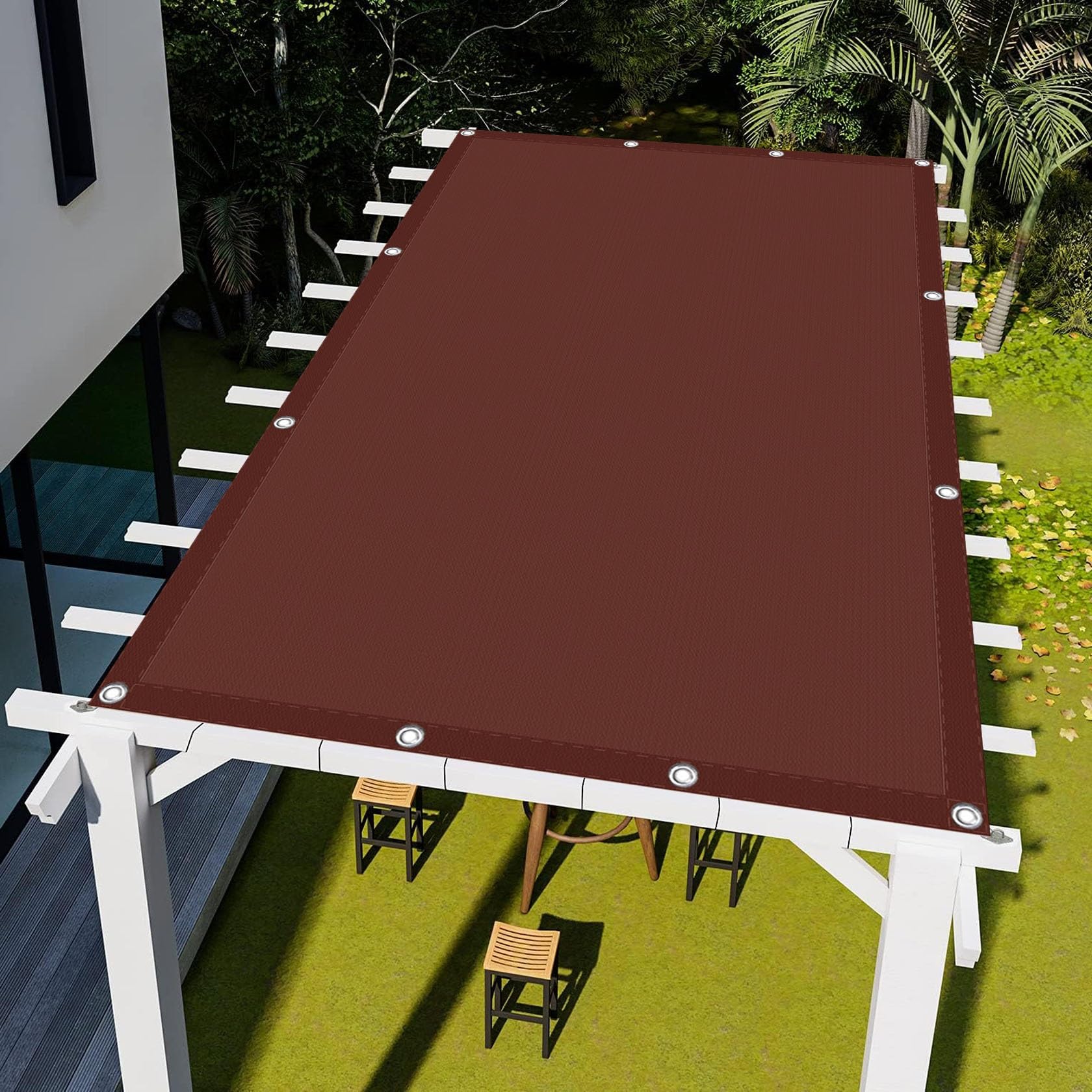 Tenda parasole rettangolare impermeabile per pergolato con occhielli e corda, 3,5 x 9 m, marrone