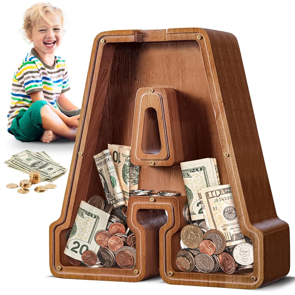Summidate Large Wooden Piggy Bank for Kids Adults, Letter A Money Bank for Boys Girls, Personalized Initial Alphabet Bank for Coins Bills Change, Birthday and Decor