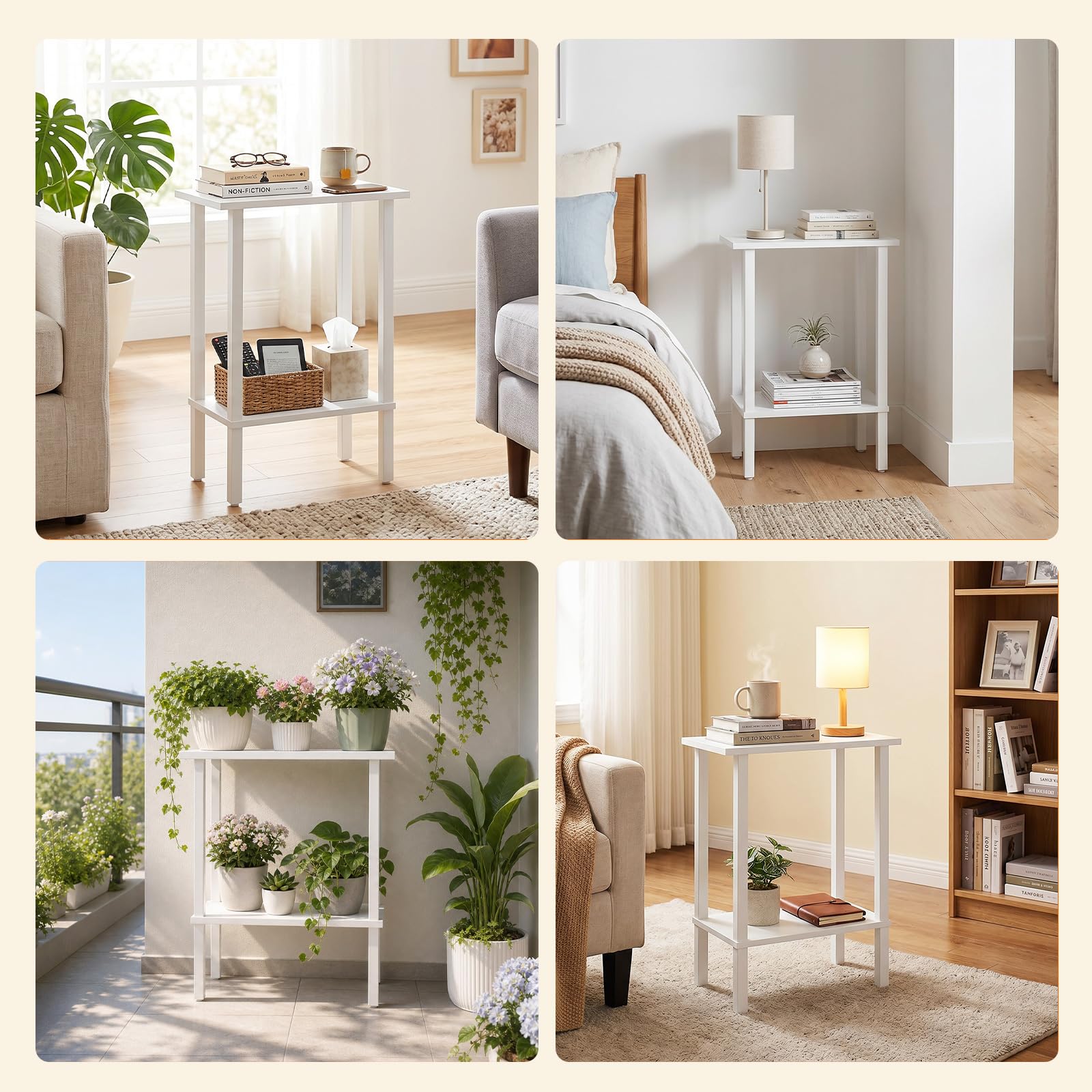 HOOBRO Tavolo da Caffè a 2 Ripiani, Tavolino da Divano Stretti, Comodino, per Snack, Piccoli Spazi, Soggiorno, Camera da Letto e Studio, Bianco EWT240BZ01