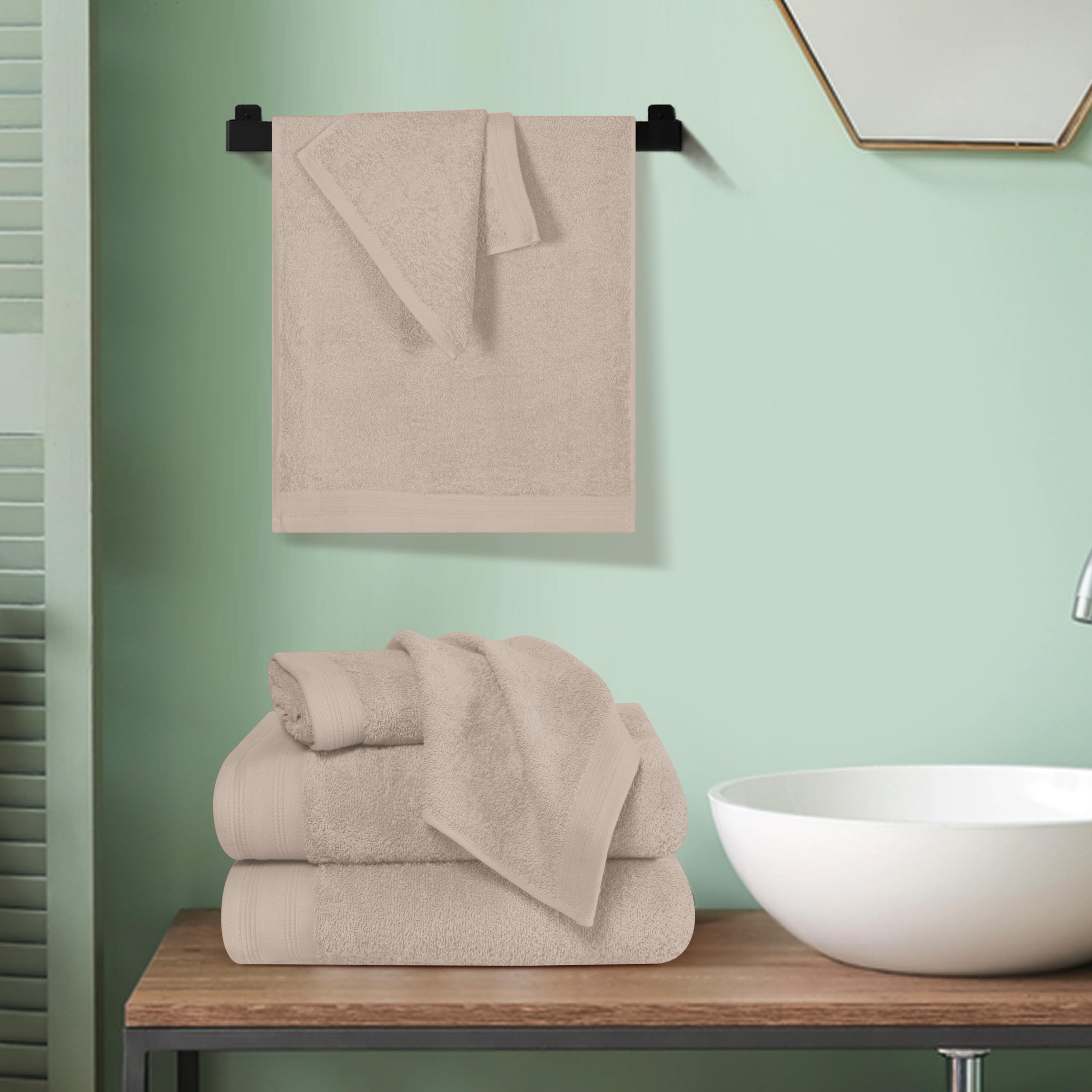 MALLONI Home Ultra-weiches 6er-Pack Baumwoll-Handtuch-Set, enthält 2 übergroße Badetücher 70 x 140 cm, 2 Handtücher 40 x 60 cm und 2 Waschbetten 30 x 30 cm, Bräunen