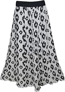 Womens White Maxi Skirt Printed Flared Rayon Bohemian A-Line Gypsy Skirts S/M